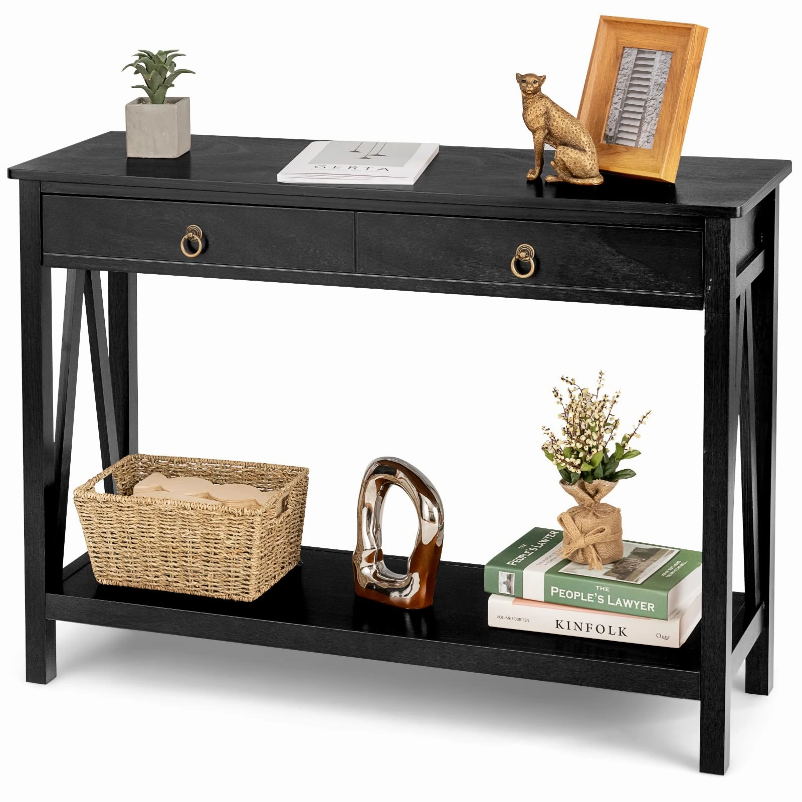 Console Table Entryway Sofa Side Table with 2 Drawers & Open Shelf cowhide rug, animal hide rug