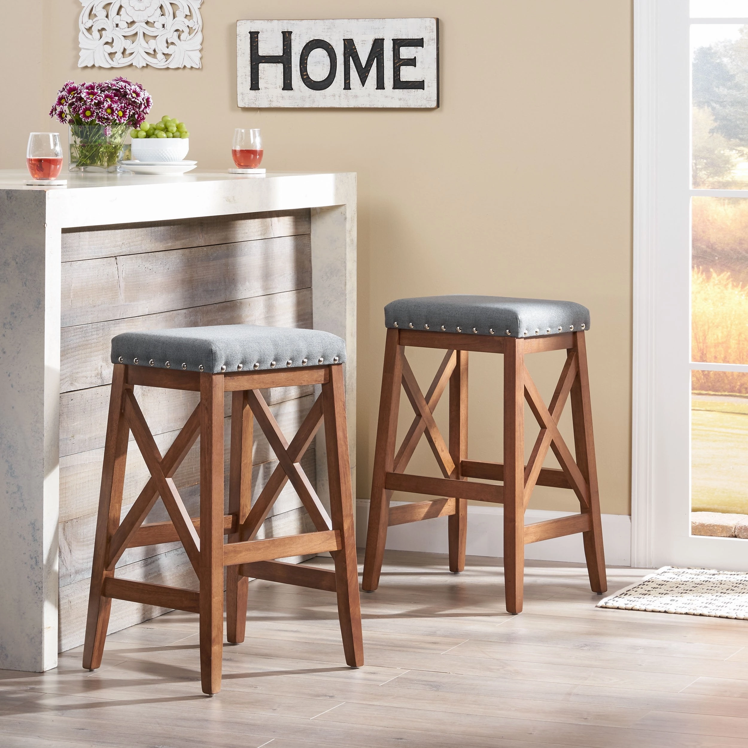 Contemporary Farmhouse Upholstered Fabric Barstools (Set of 2) - NH835903 kitchen accessories, table linens