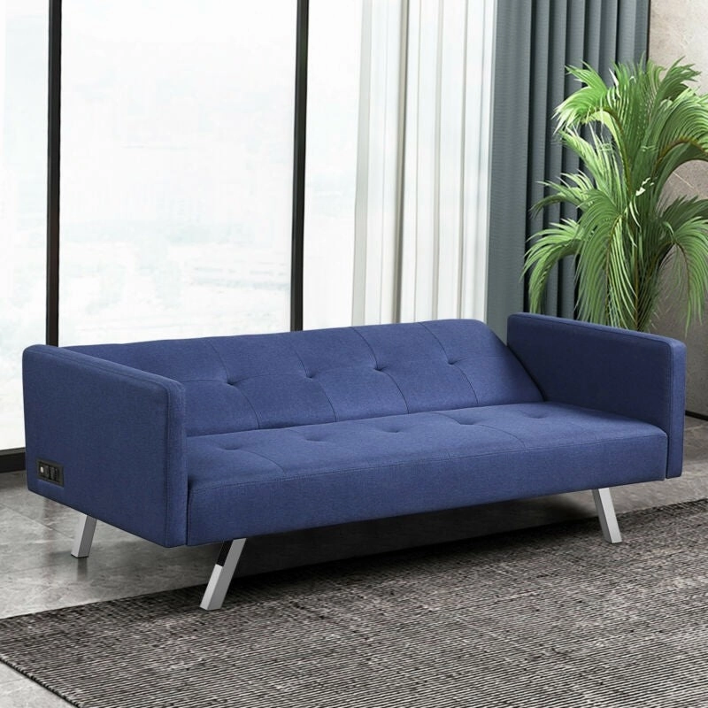 Convertible Futon Sofa, Modern 3 Seat Sofa Bed with USB and Power Strip