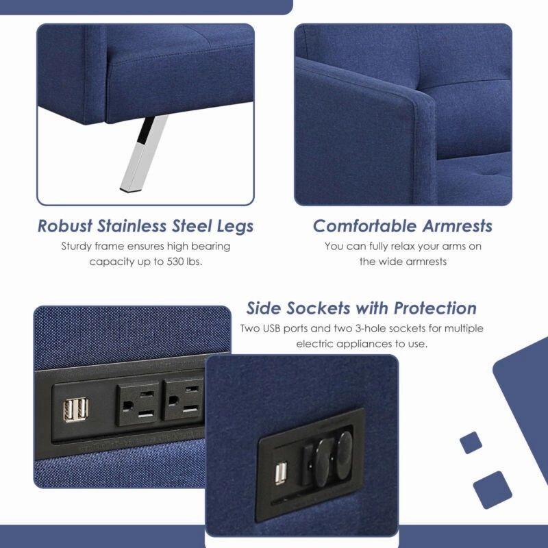 Convertible Futon Sofa, Modern 3 Seat Sofa Bed with USB and Power Strip