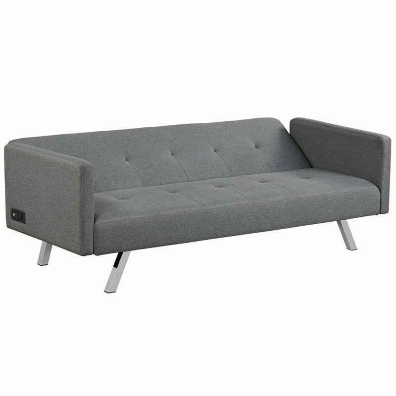 Convertible Futon Sofa, Modern 3 Seat Sofa Bed with USB and Power Strip
