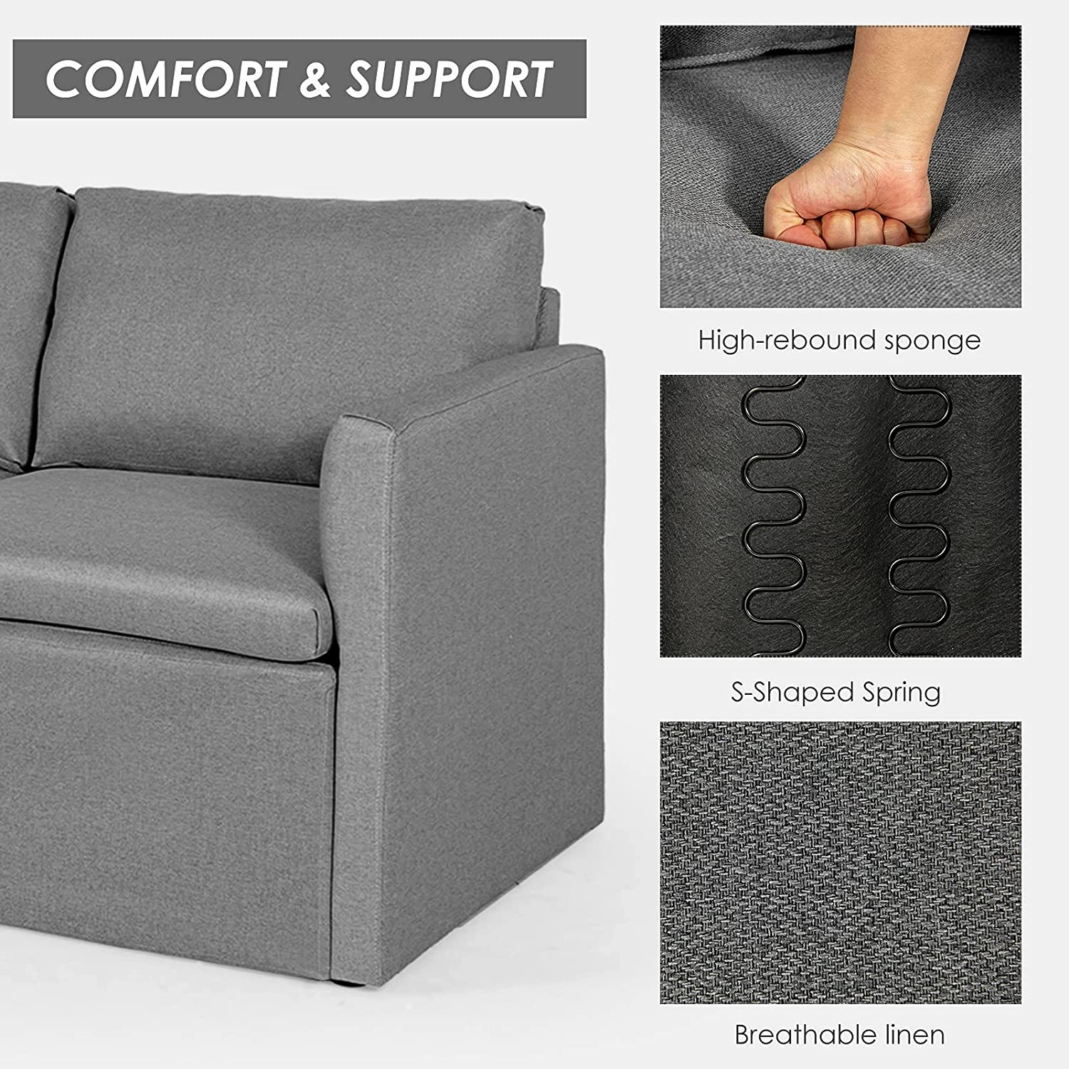 Convertible Sectional Sofa Couch, Modern L-Shaped Sectional Couch 3-Seat Sofa