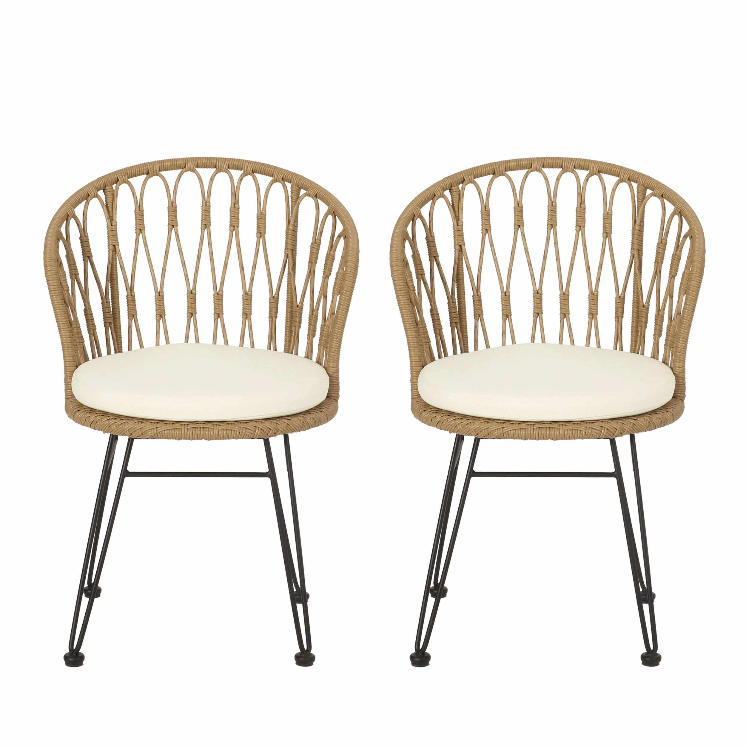 Cowen Outdoor Wicker Dining Chairs with Cushion, Set of 2, Light Brown, Black, and Beige outdoor lounge chair, patio sofa