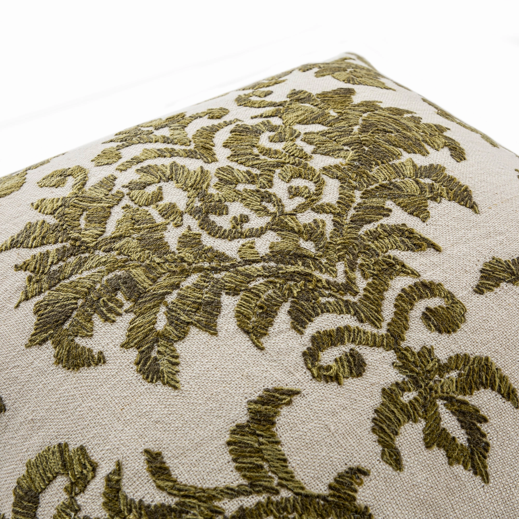 Damask Moss Green Wool Embroidered Cushion