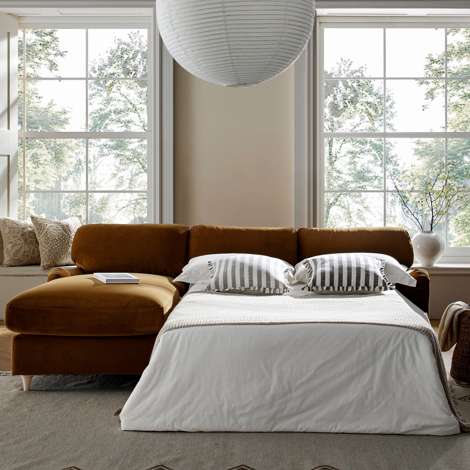 Daphnis Cinnamon Velvet Sofa Bed, Grande Chaise Left Hand Facing
