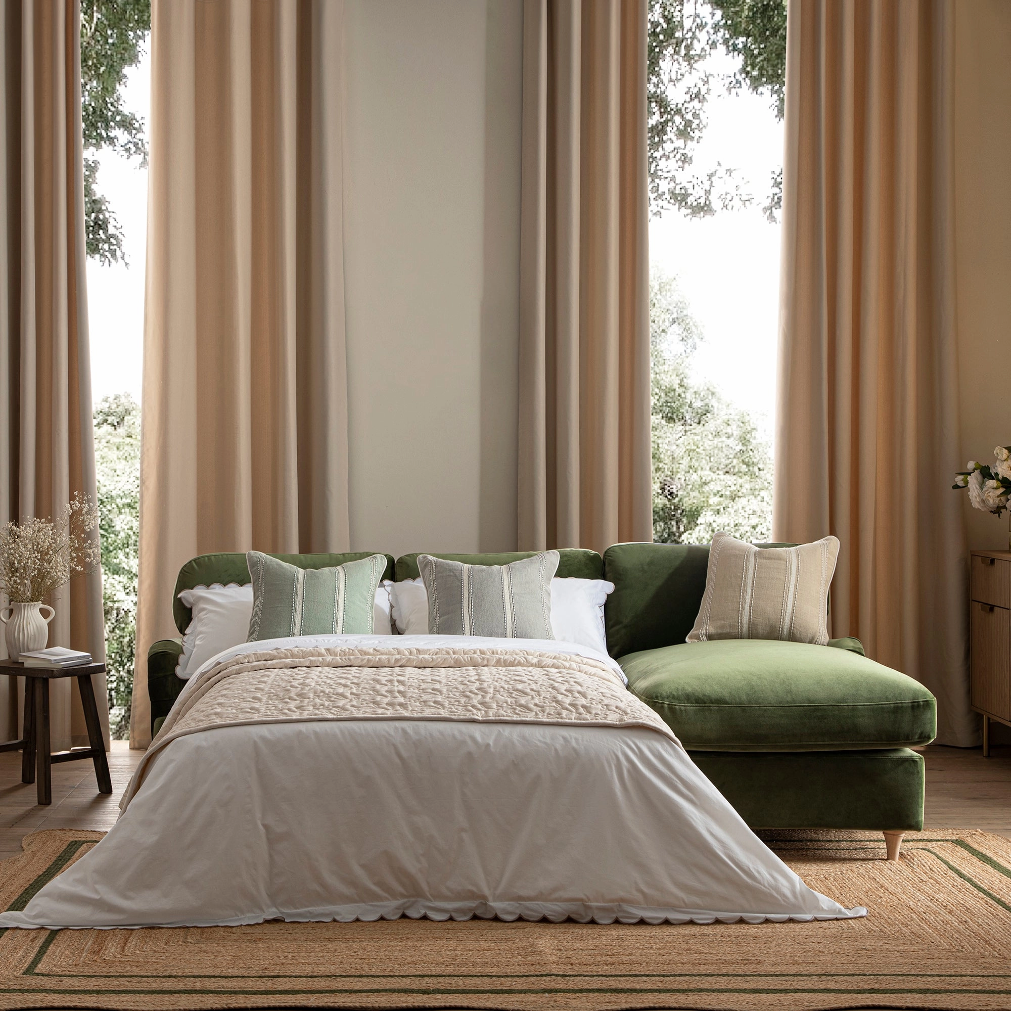 Daphnis Fern Green Velvet Sofa Bed, Grande Chaise Right Hand Facing
