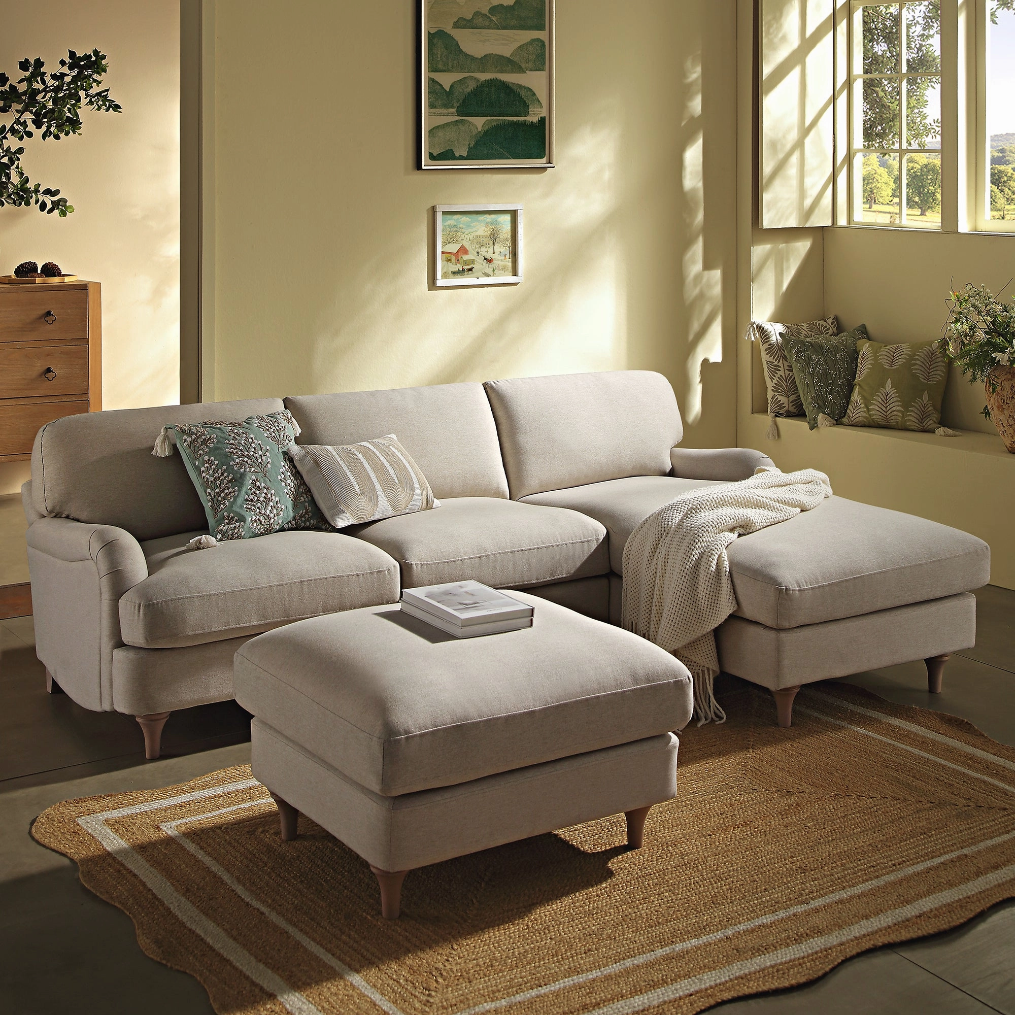 Daphnis Oatmeal Fabric Sofa, Grande Chaise Sofa Right Hand Facing