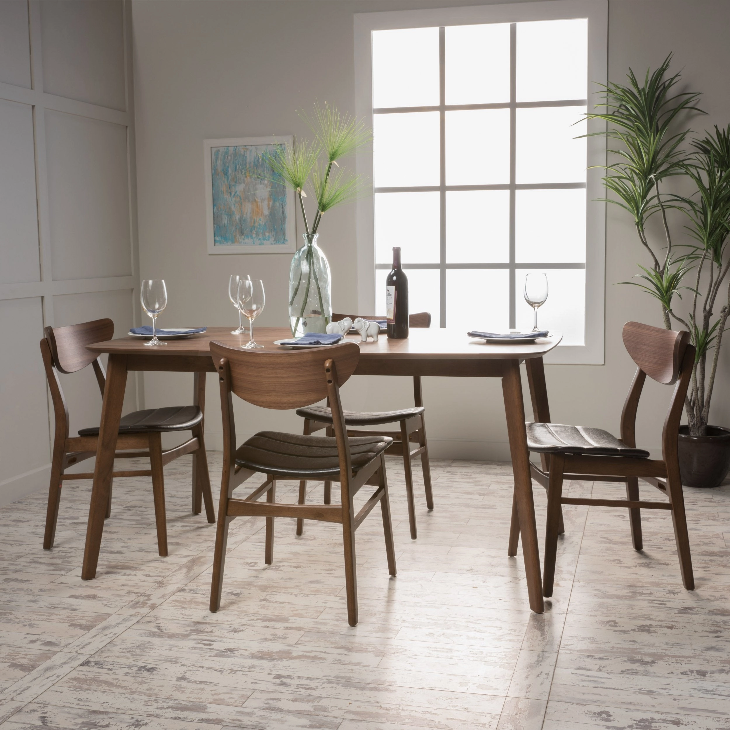 Dark Brown Leather Wood Finish 60-inch Rectangular 5 Piece Dining Set - NH882992 kitchen accessories, table linens
