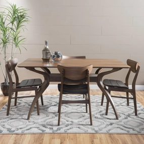 Dark Brown Leather Wood Finish Curved Leg Rectangular 5 Piece Dining Set - NH813992 kitchen accessories, table linens