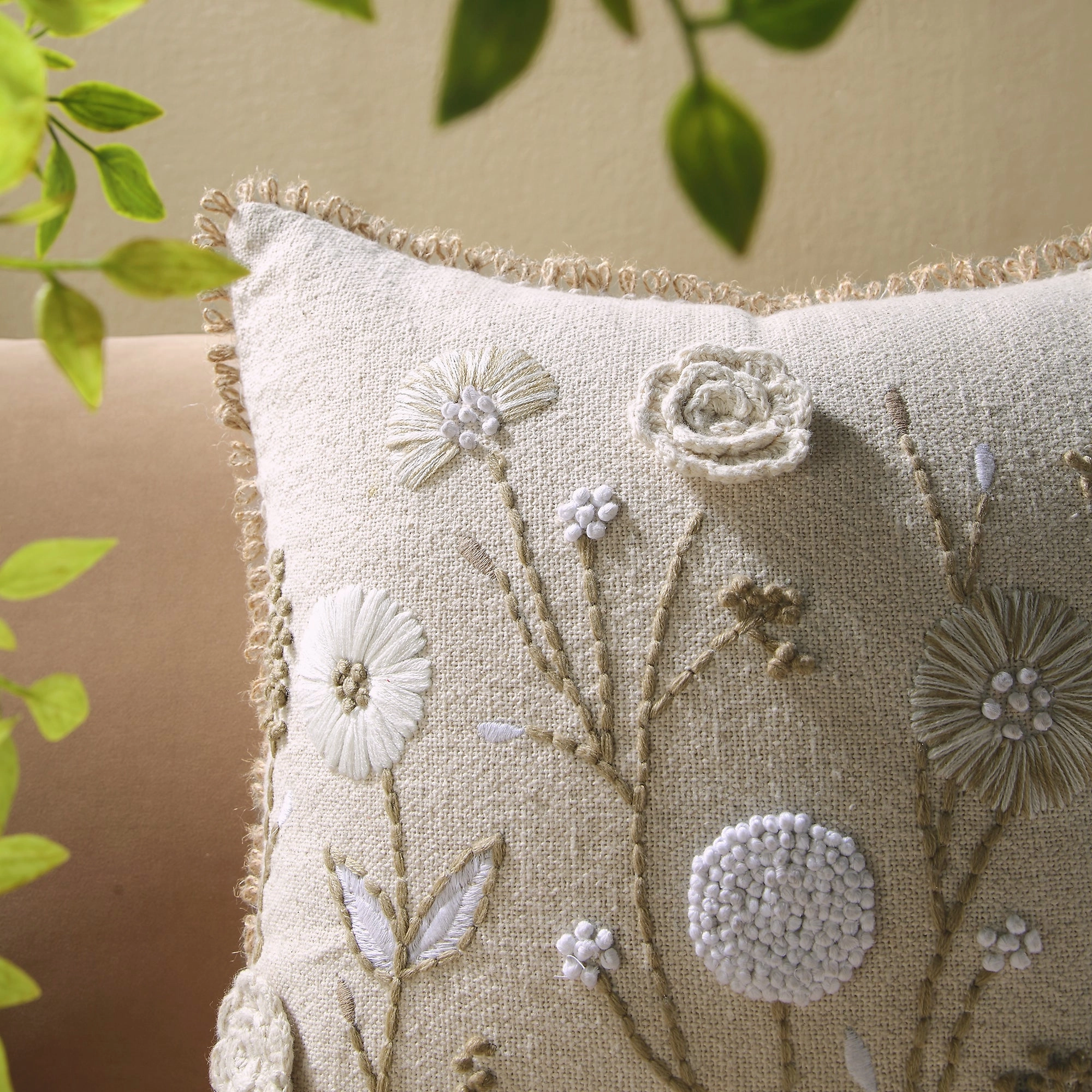 Delilah Crochet Jute Lace Hand Embroidered Square Cushion