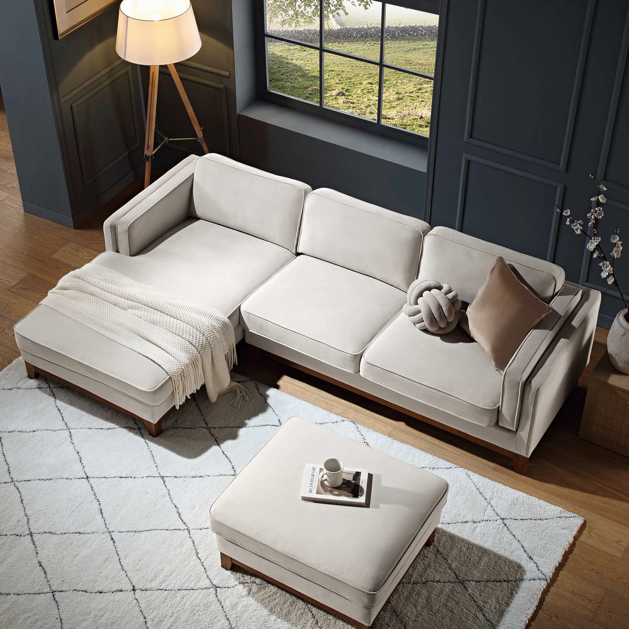 Dipley Champagne Velvet Sofa, Grande Chaise Sofa Left Hand Facing