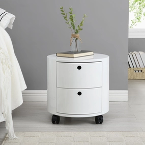 DOLIO Drum Chest Bedside Table, Barrel Side Table with Drawers High Gloss White 2 Drawer