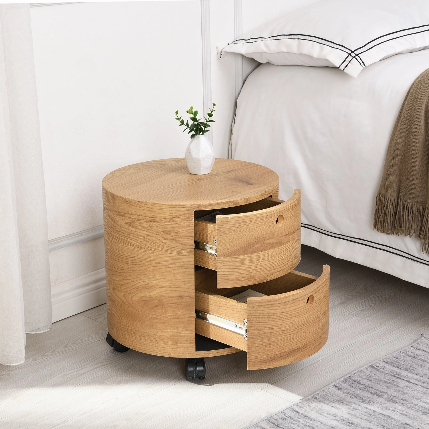 DOLIO Drum Chest Bedside Table, Barrel Side Table with Drawers Oak 2 Drawer