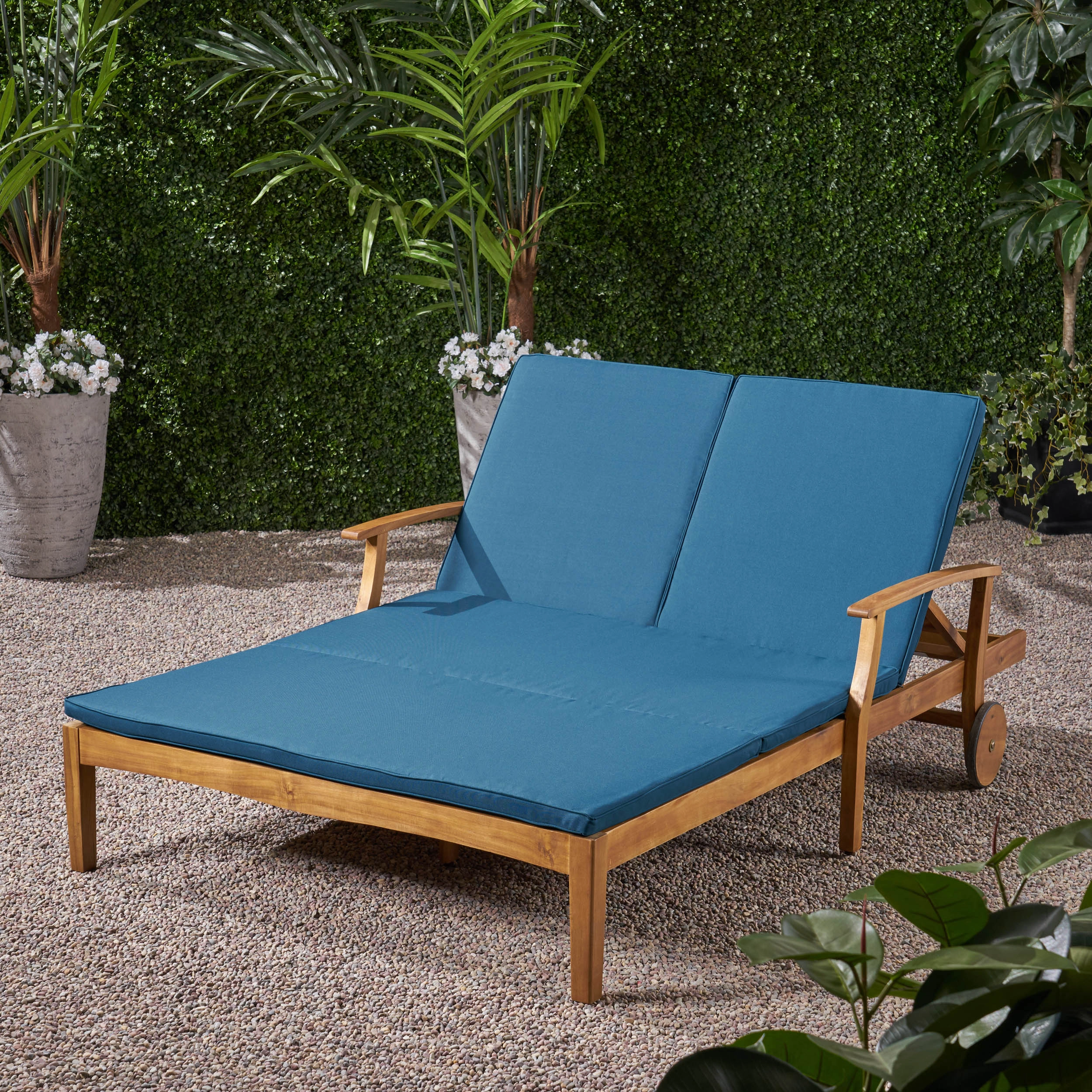 Double Chaise Lounge for Yard and Patio, Acacia Wood Frame - NH865703 outdoor furniture, garden bench