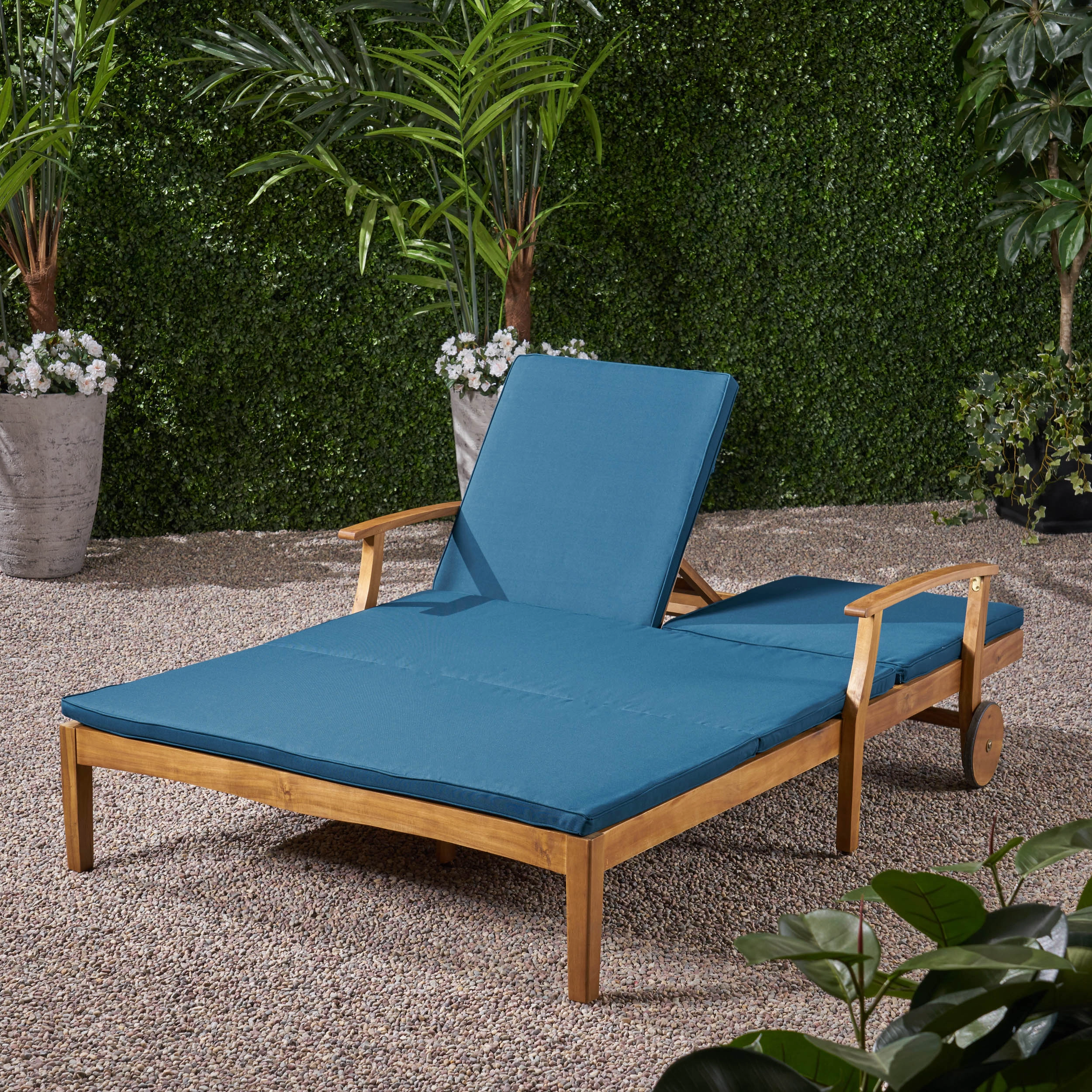 Double Chaise Lounge for Yard and Patio, Acacia Wood Frame - NH865703