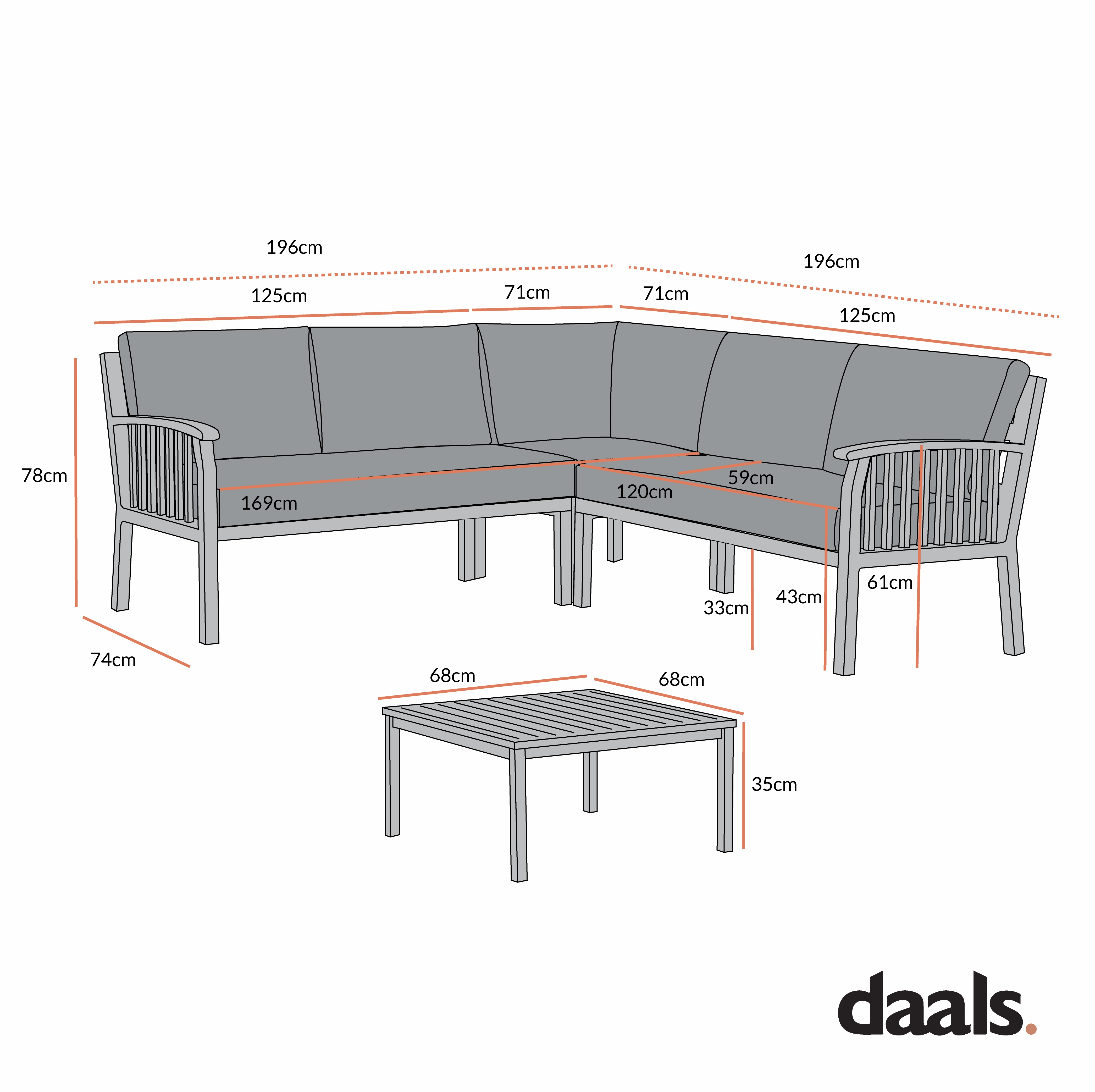 Earlswood Aluminium Washed Wood Effect Corner Sofa Set with Coffee Table