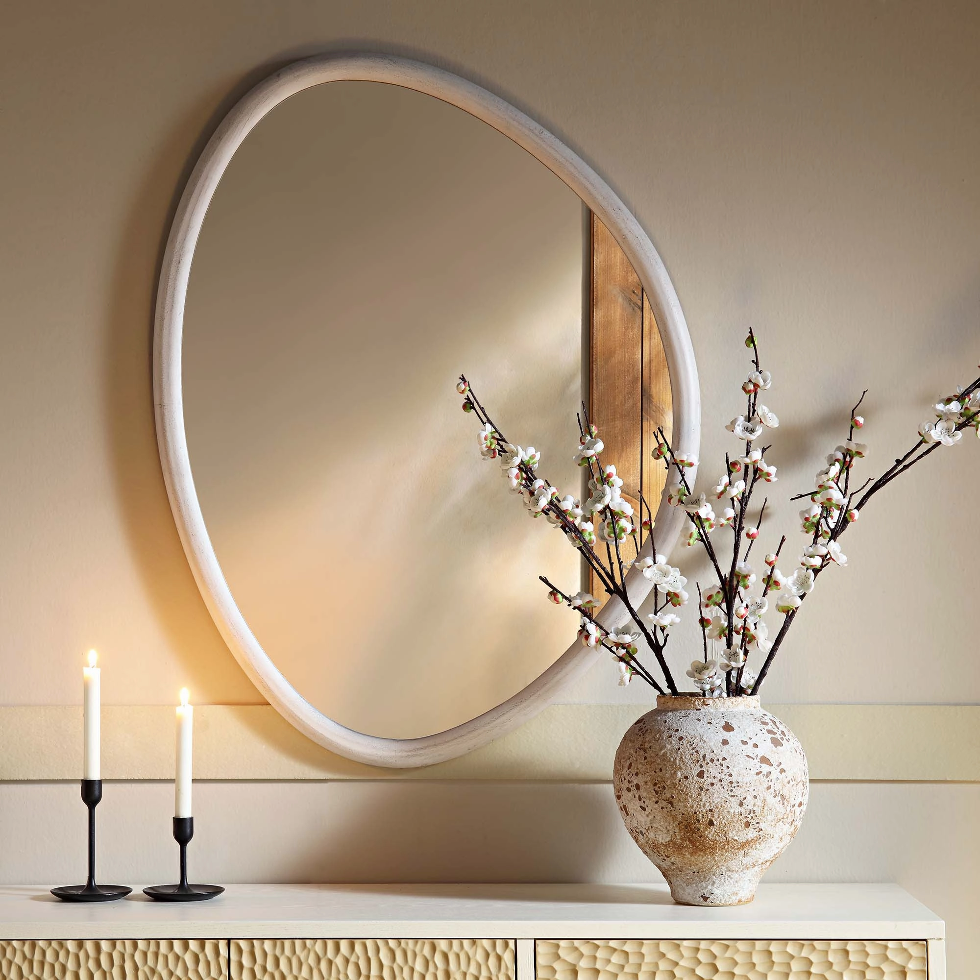 Edo Irregular Pebble Wall Wooden Mirror 100 x 76 cm, Washed White
