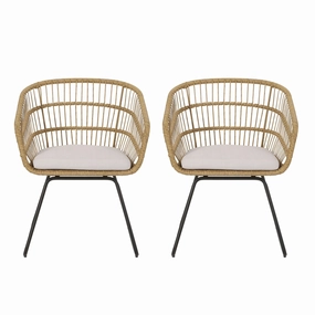 Edson Outdoor Wicker Dining Chairs with Cushion, Set of 2, Light Brown, Beige, and Black outdoor lounge chair, patio sofa