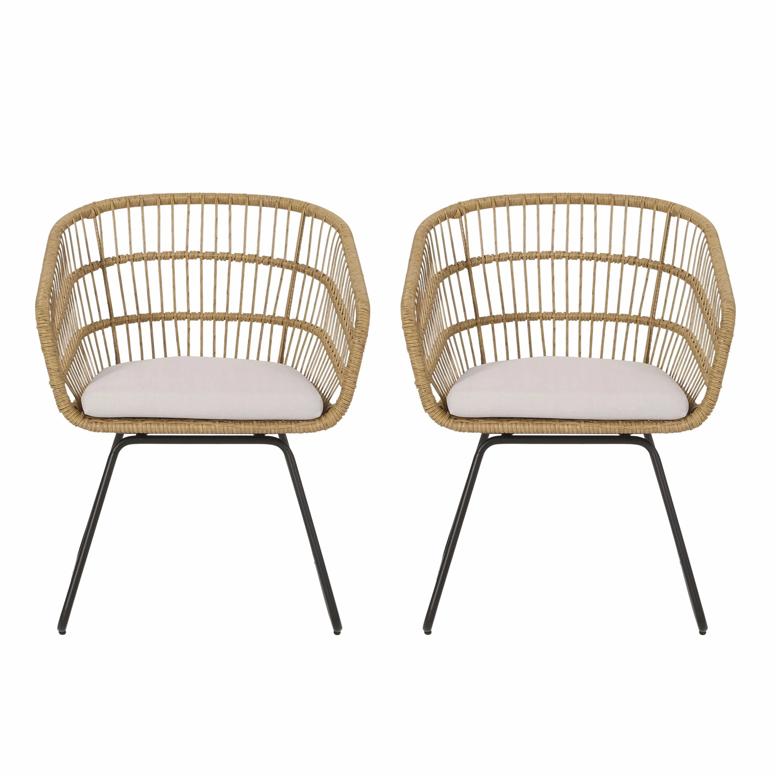 Edson Outdoor Wicker Dining Chairs with Cushion, Set of 2, Light Brown, Beige, and Black outdoor lounge chair, patio sofa