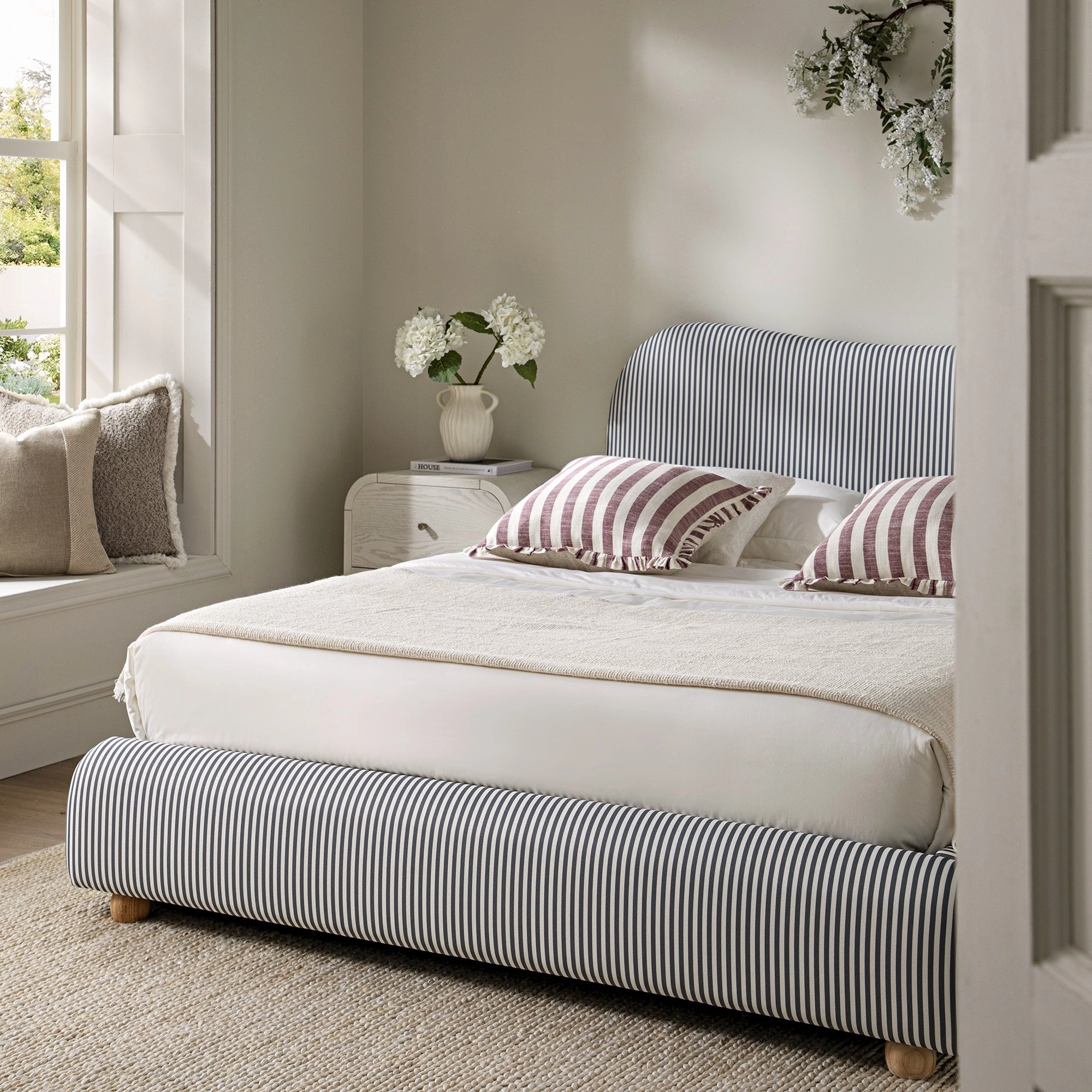 Egerie Curved Headboard Slate Blue Striped Fabric Ottoman Storage Bed