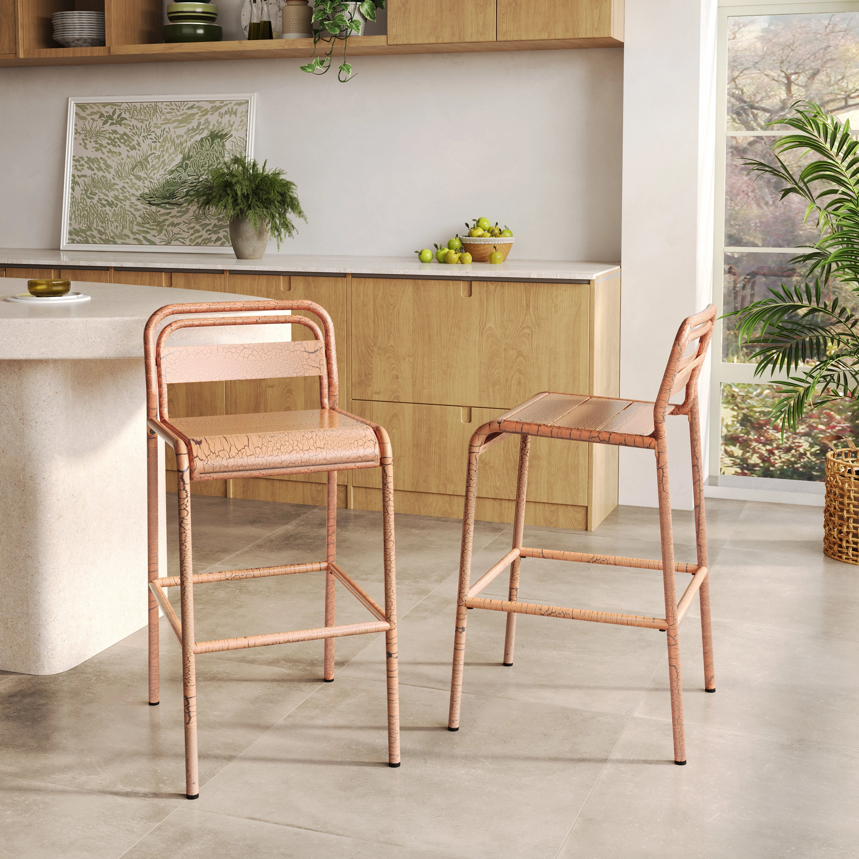 Elowen Outdoor Patio Bar Stools, Iron, Set of 2