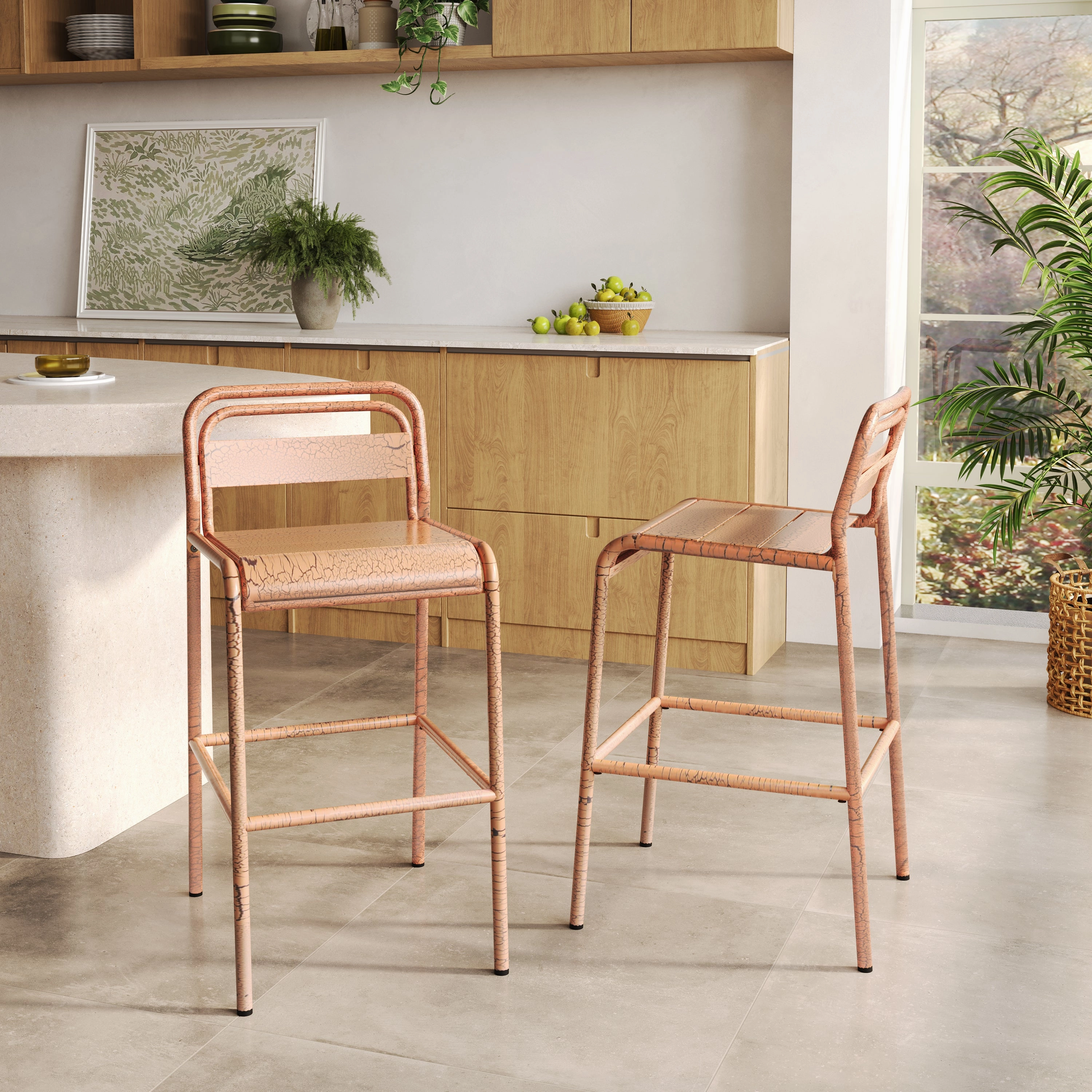 Elowen Outdoor Patio Bar Stools, Iron, Set of 2