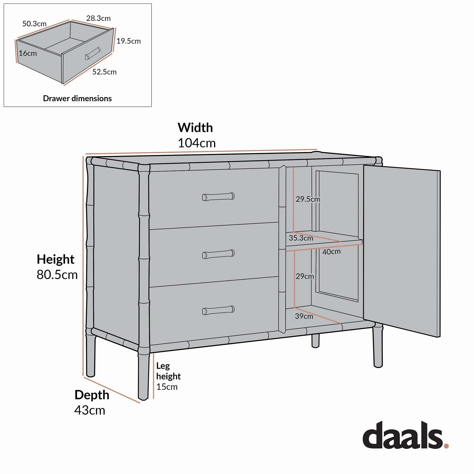 Elstowe Faux Bamboo 1-Door 3-Drawer Sideboard, Sage Green