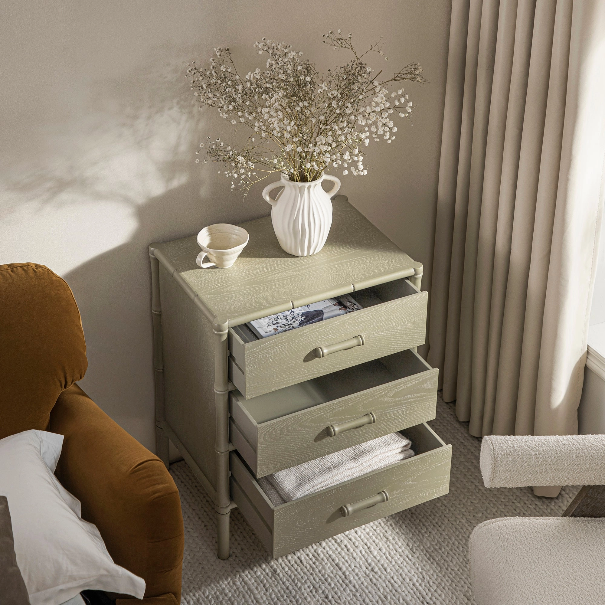 Elstowe Faux Bamboo 3-Drawer Bedside Table, Sage Green