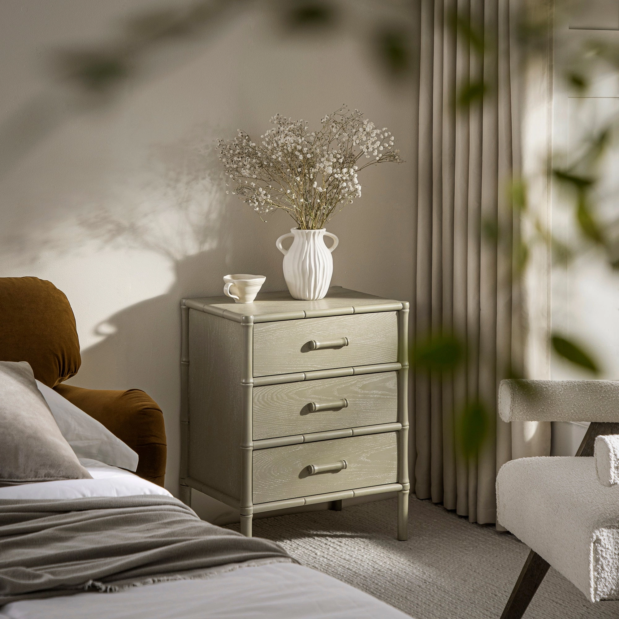 Elstowe Faux Bamboo 3-Drawer Bedside Table, Sage Green