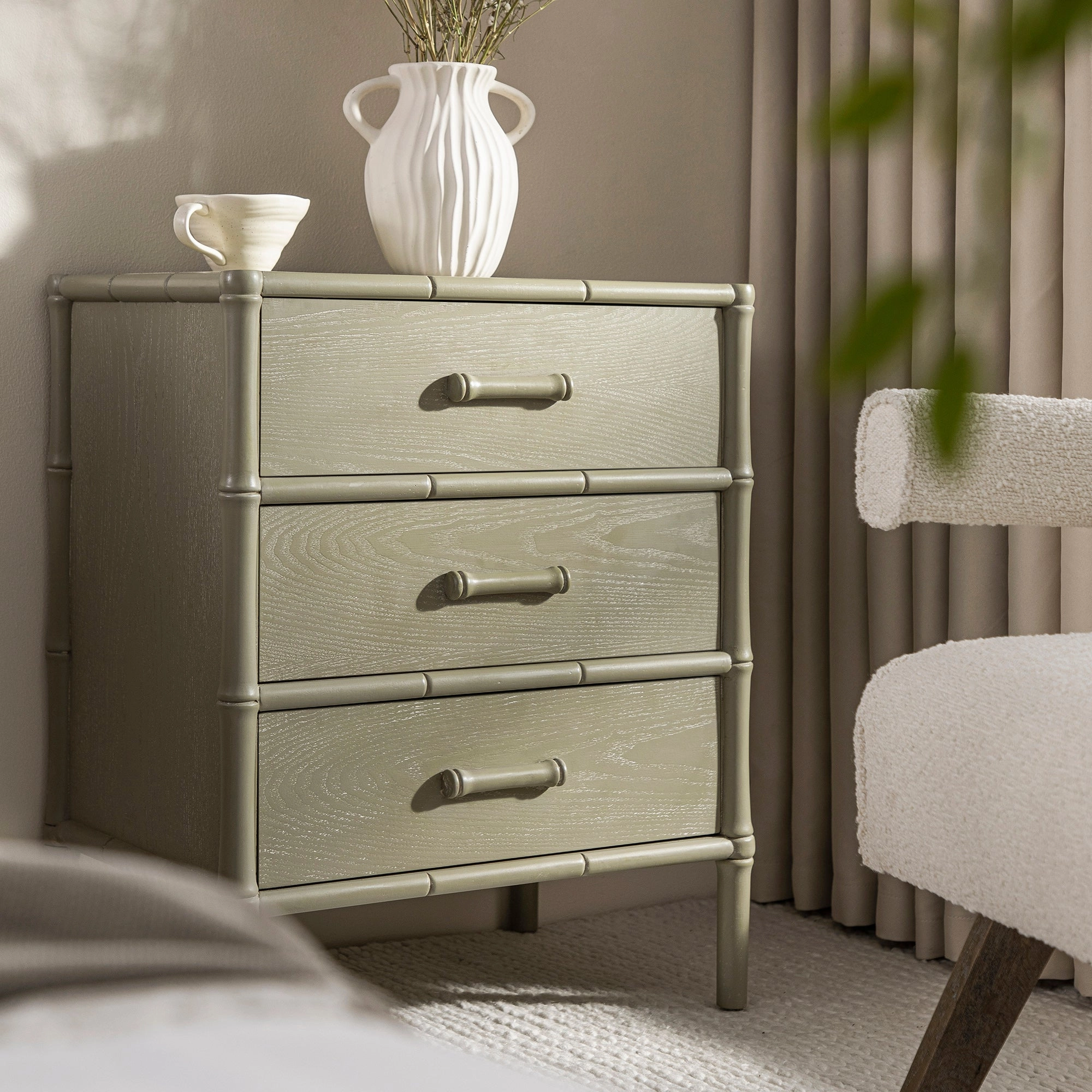 Elstowe Faux Bamboo 3-Drawer Bedside Table, Sage Green