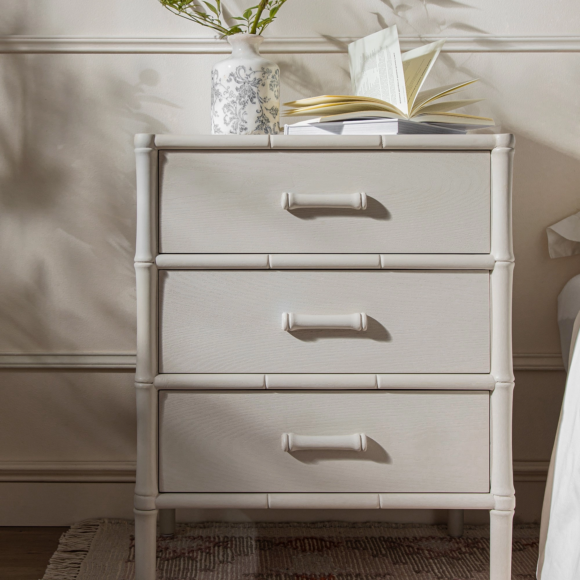 Elstowe Faux Bamboo 3-Drawer Bedside Table, Shaded White