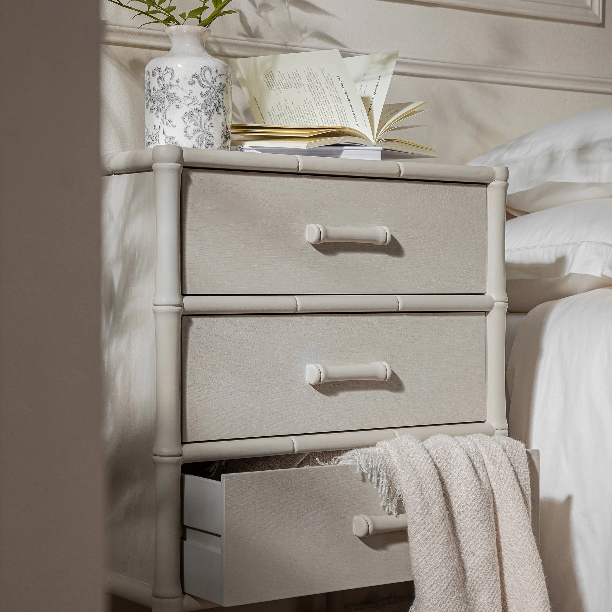 Elstowe Faux Bamboo 3-Drawer Bedside Table, Shaded White