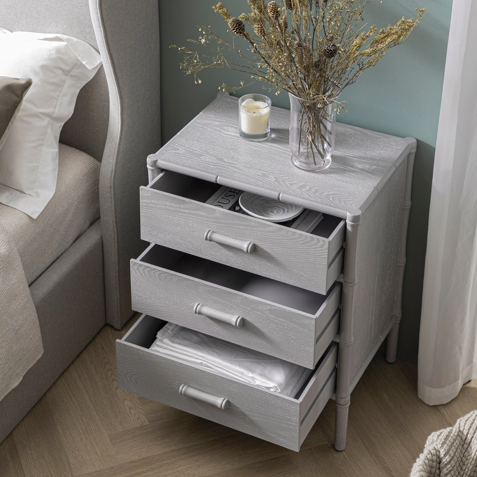 Elstowe Faux Bamboo 3-Drawer Bedside Table, Warm Grey
