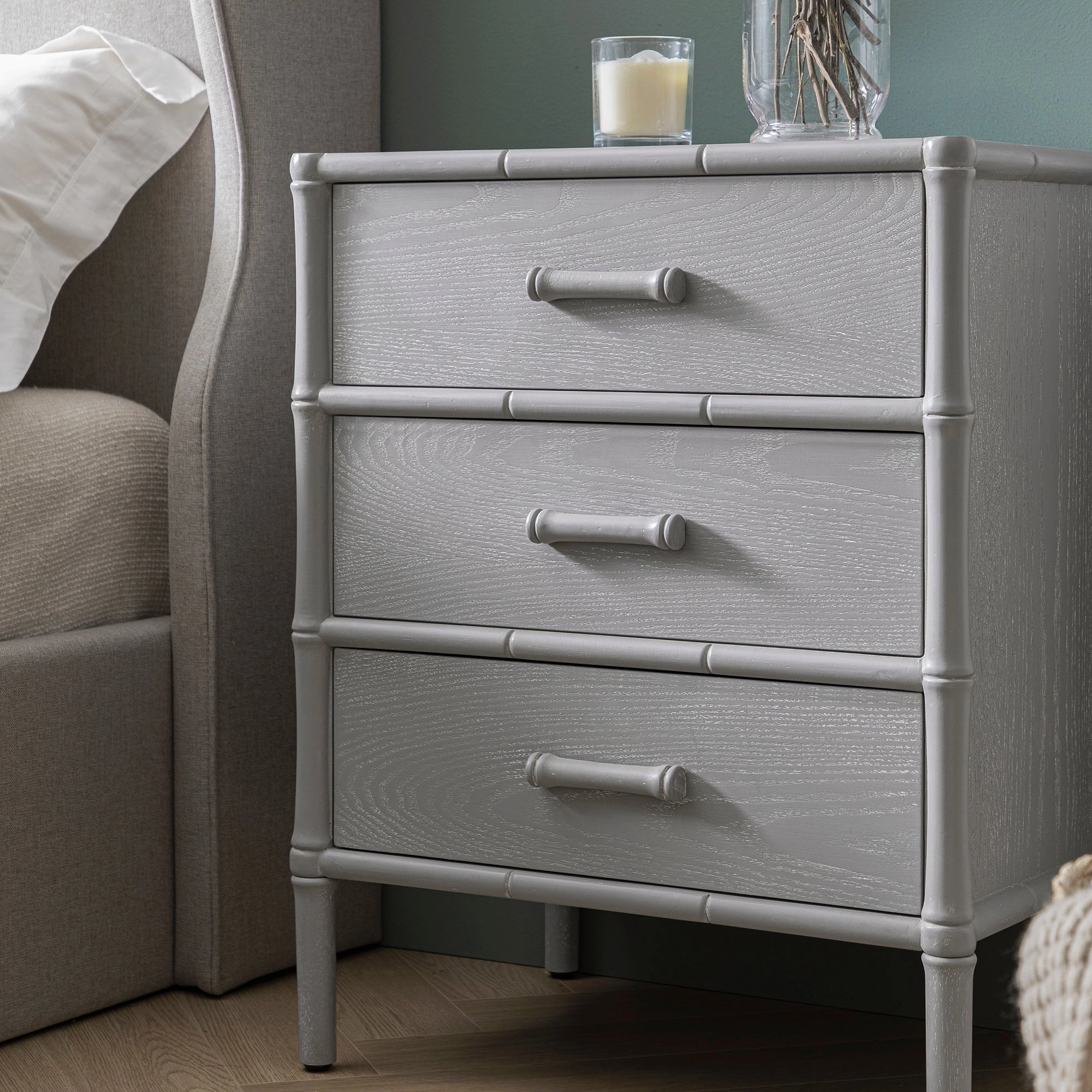 Elstowe Faux Bamboo 3-Drawer Bedside Table, Warm Grey