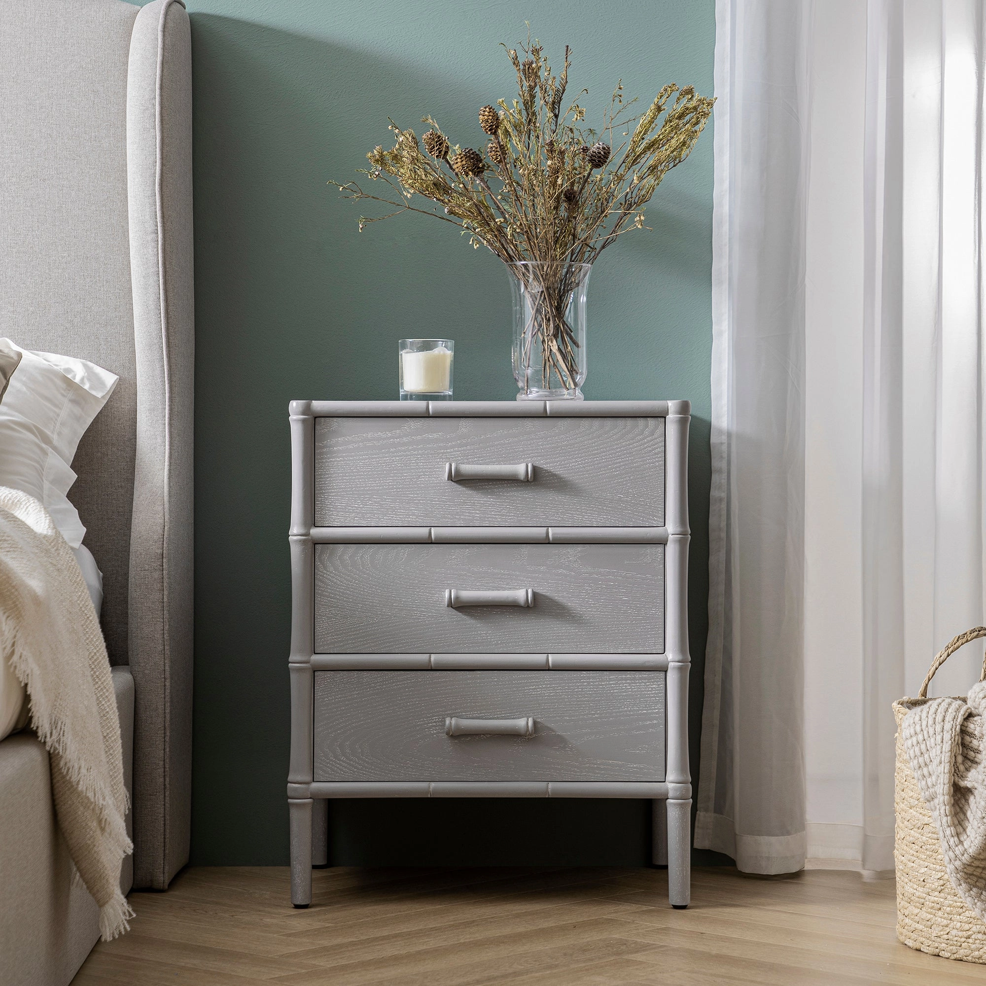 Elstowe Faux Bamboo 3-Drawer Bedside Table, Warm Grey
