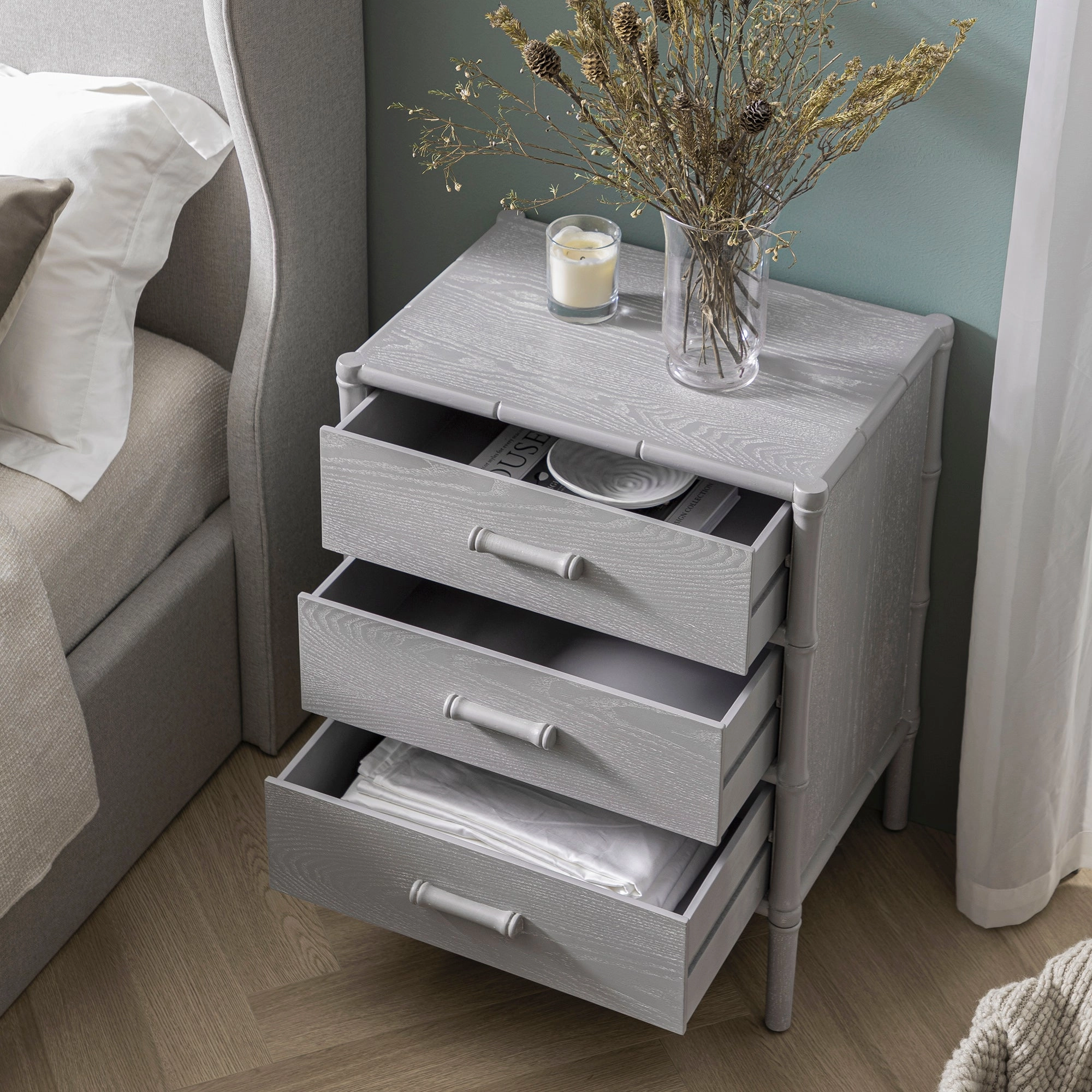 Elstowe Faux Bamboo 3-Drawer Bedside Table, Warm Grey