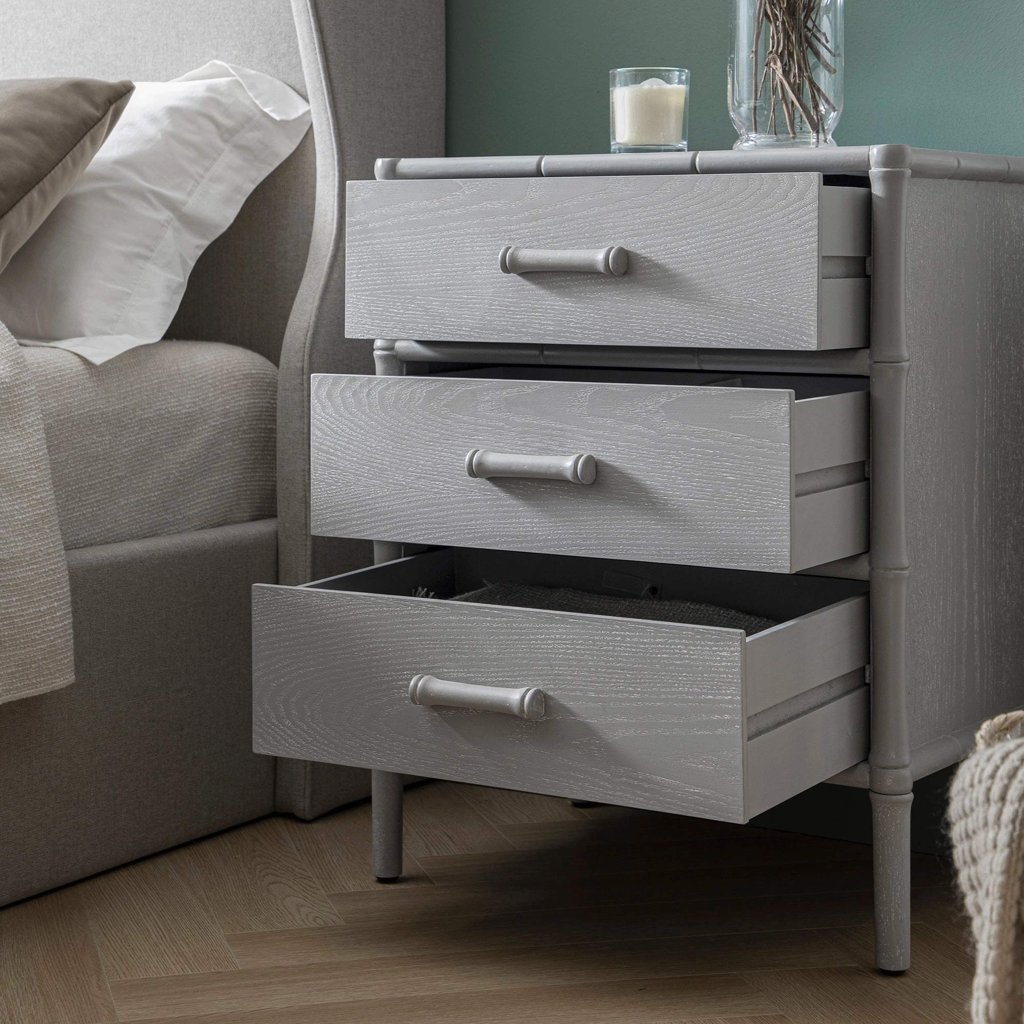 Elstowe Faux Bamboo 3-Drawer Bedside Table, Warm Grey