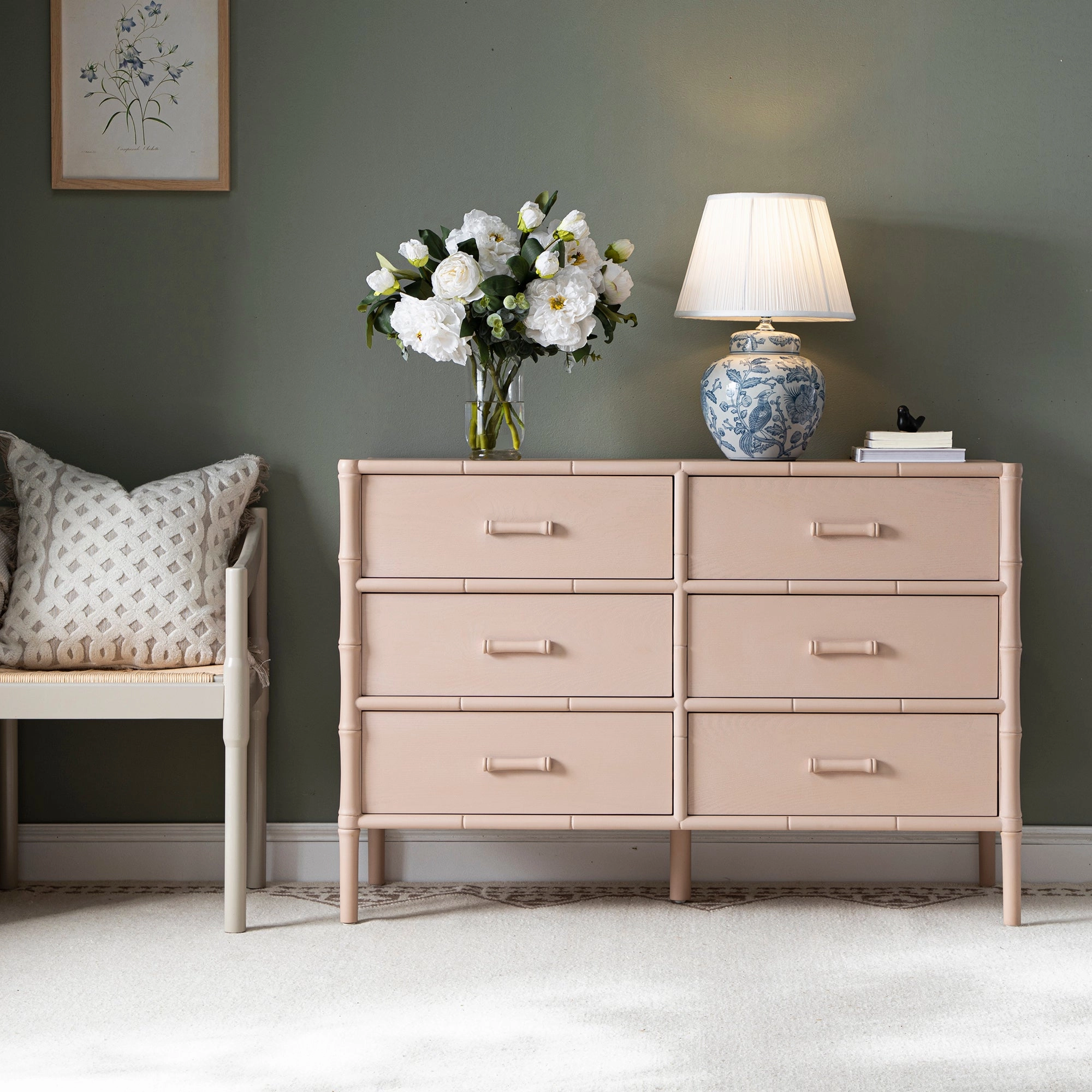 Elstowe Faux Bamboo 6-Drawer Chest, Nude Pink