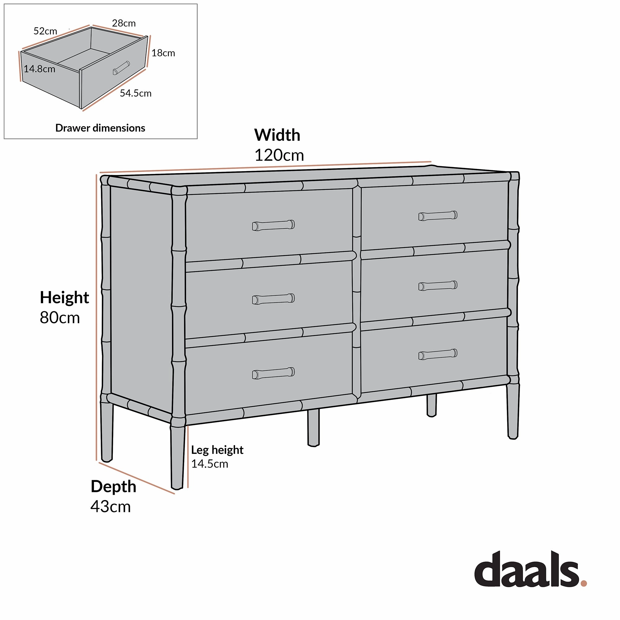 Elstowe Faux Bamboo 6-Drawer Chest, Nude Pink