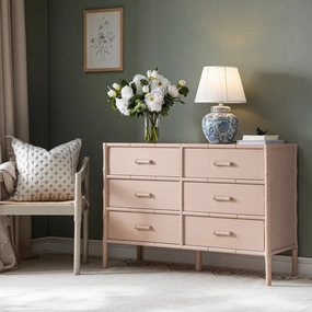 Elstowe Faux Bamboo 6-Drawer Chest, Nude Pink