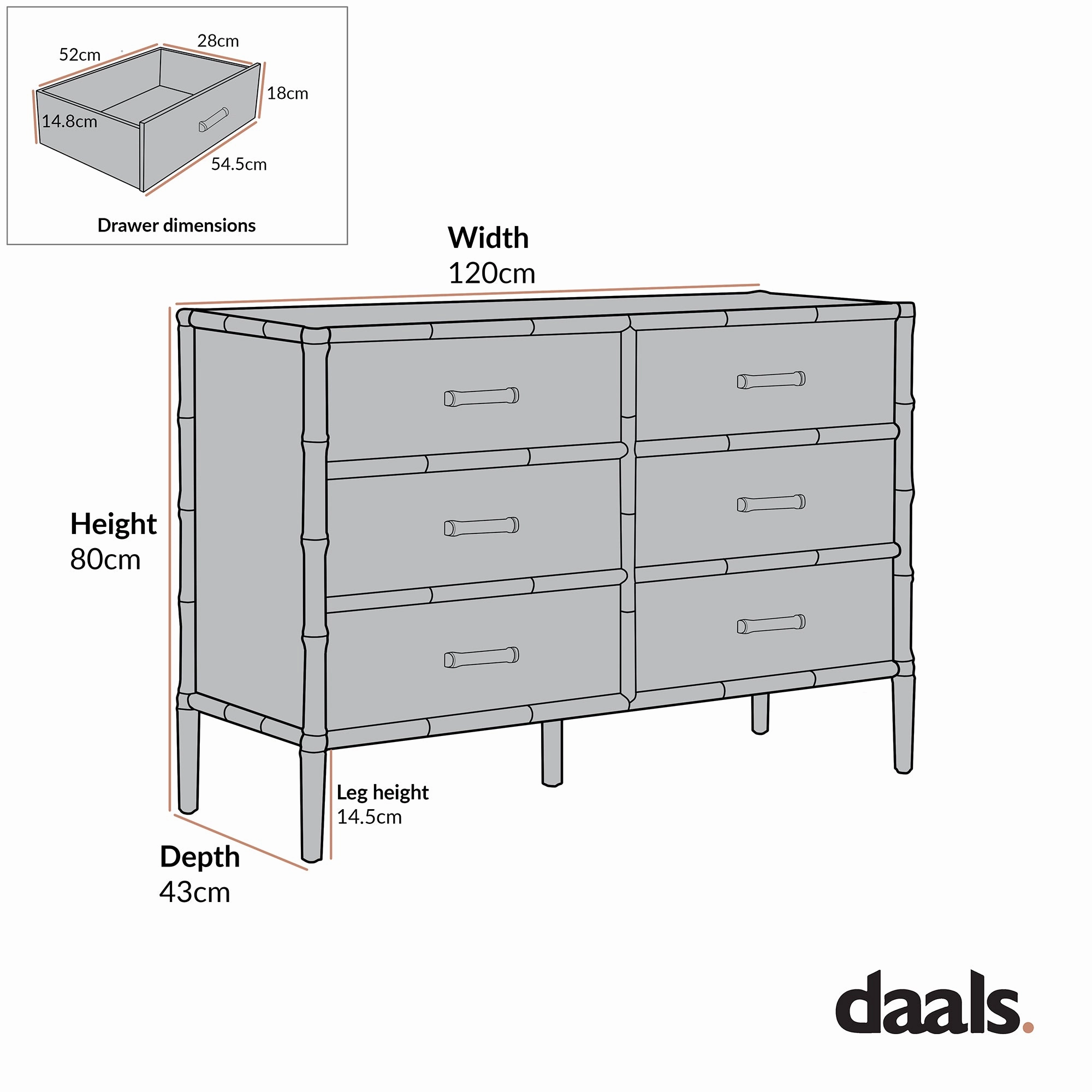 Elstowe Faux Bamboo 6-Drawer Chest, Sage Green