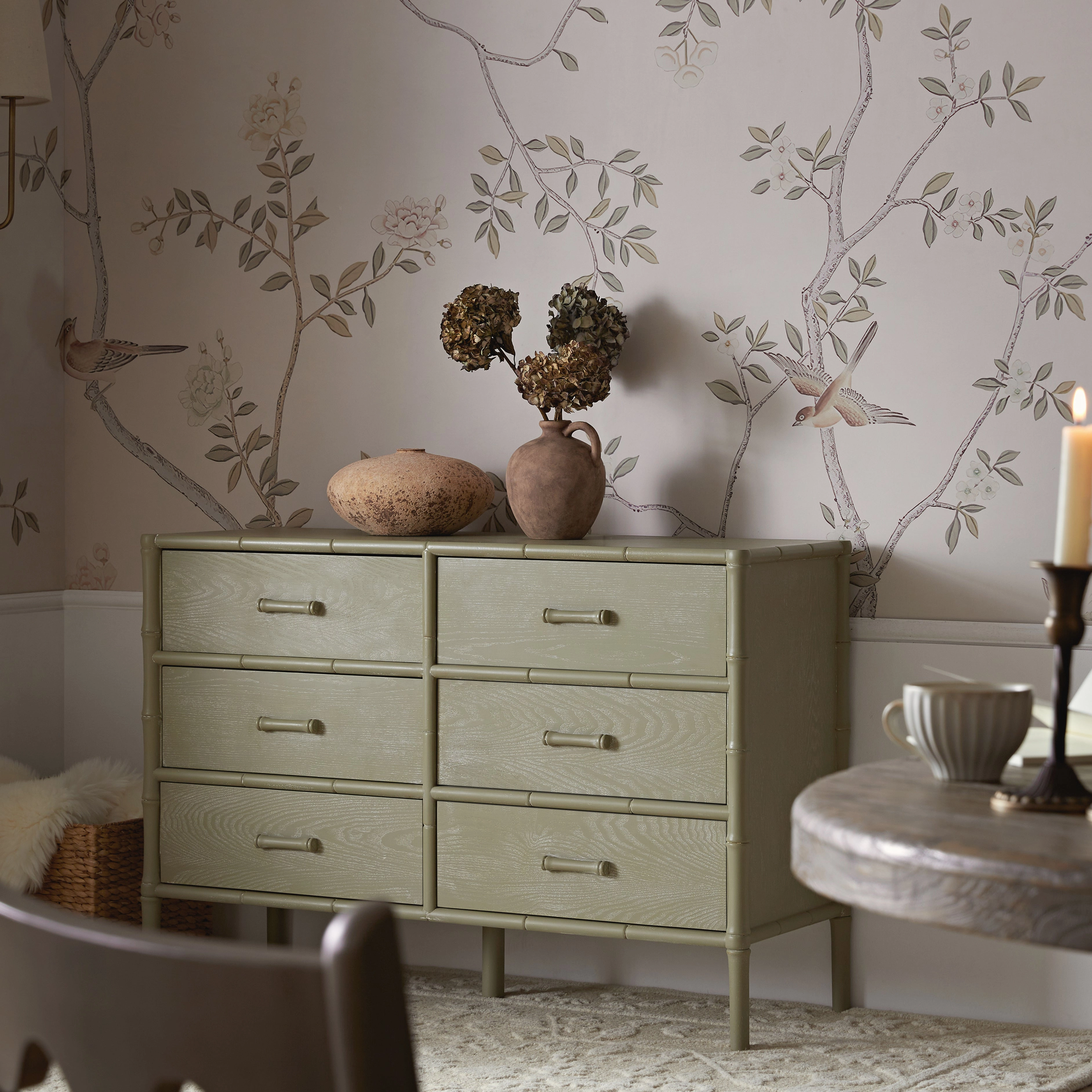 Elstowe Faux Bamboo 6-Drawer Chest, Sage Green