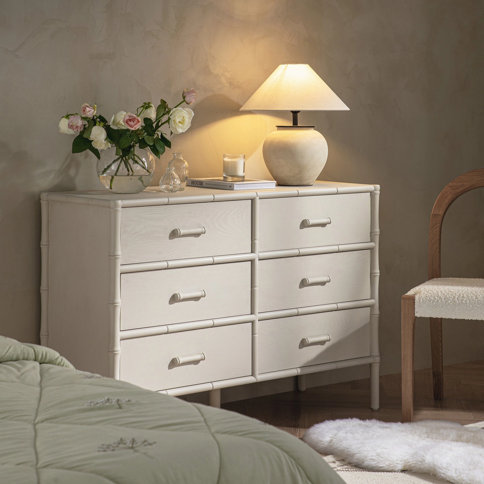 Elstowe Faux Bamboo 6-Drawer Chest, Shaded White