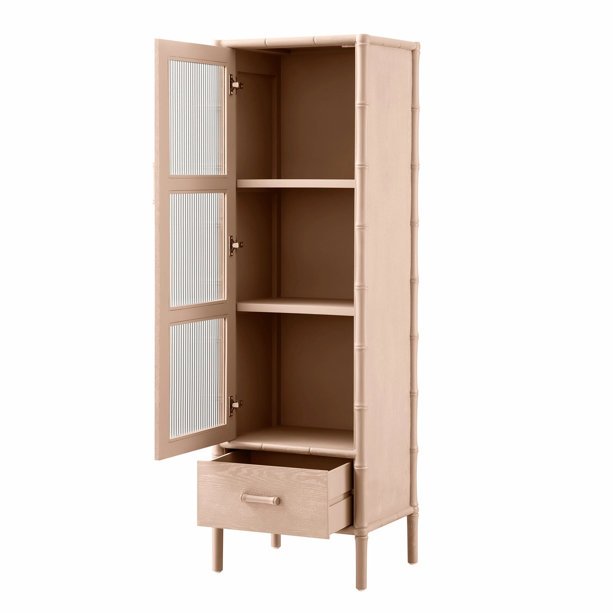 Elstowe Faux Bamboo and Fluted Glass 1-Door Cabinet, Nude Pink