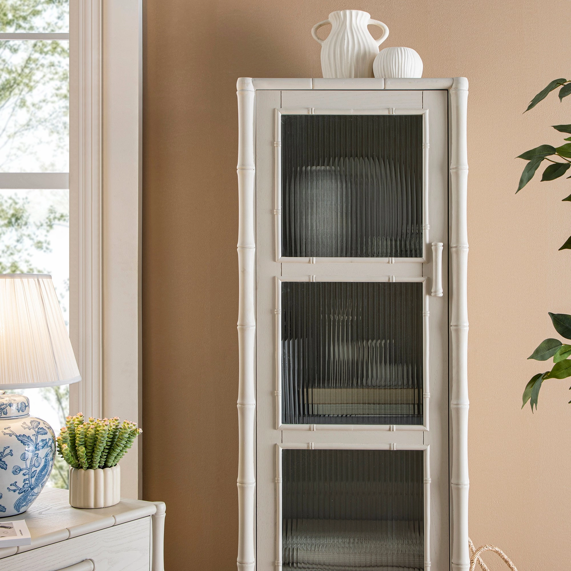 Elstowe Faux Bamboo and Fluted Glass 1-Door Cabinet, Shaded White
