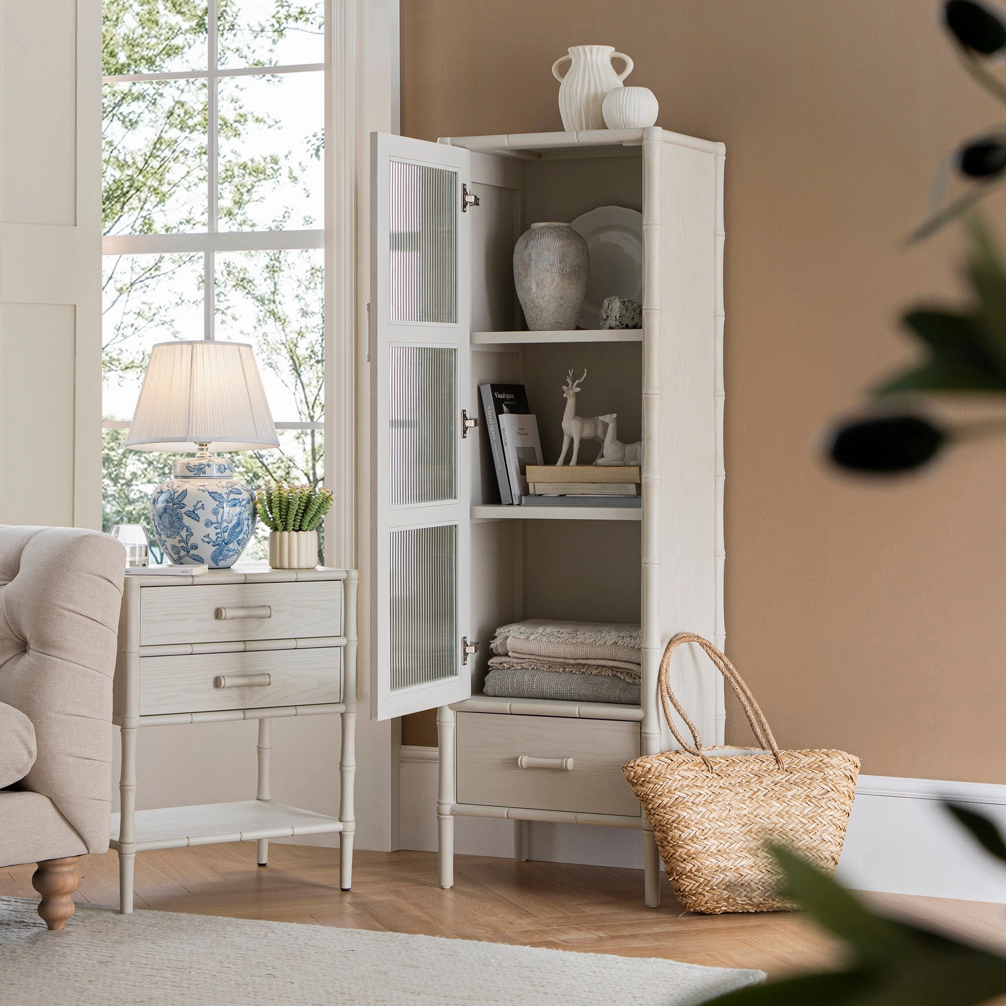 Elstowe Faux Bamboo and Fluted Glass 1-Door Cabinet, Shaded White