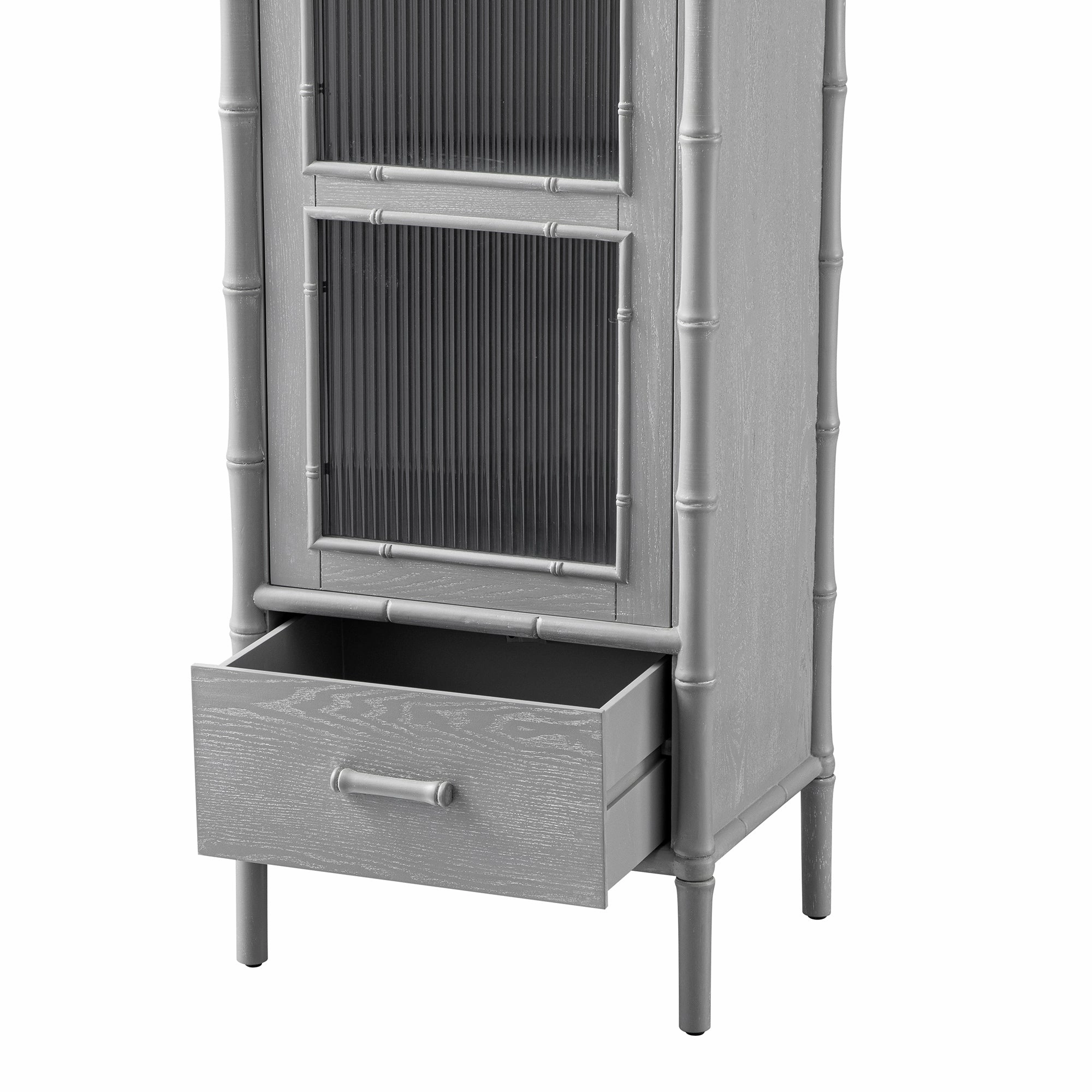 Elstowe Faux Bamboo and Fluted Glass 1-Door Cabinet, Warm Grey