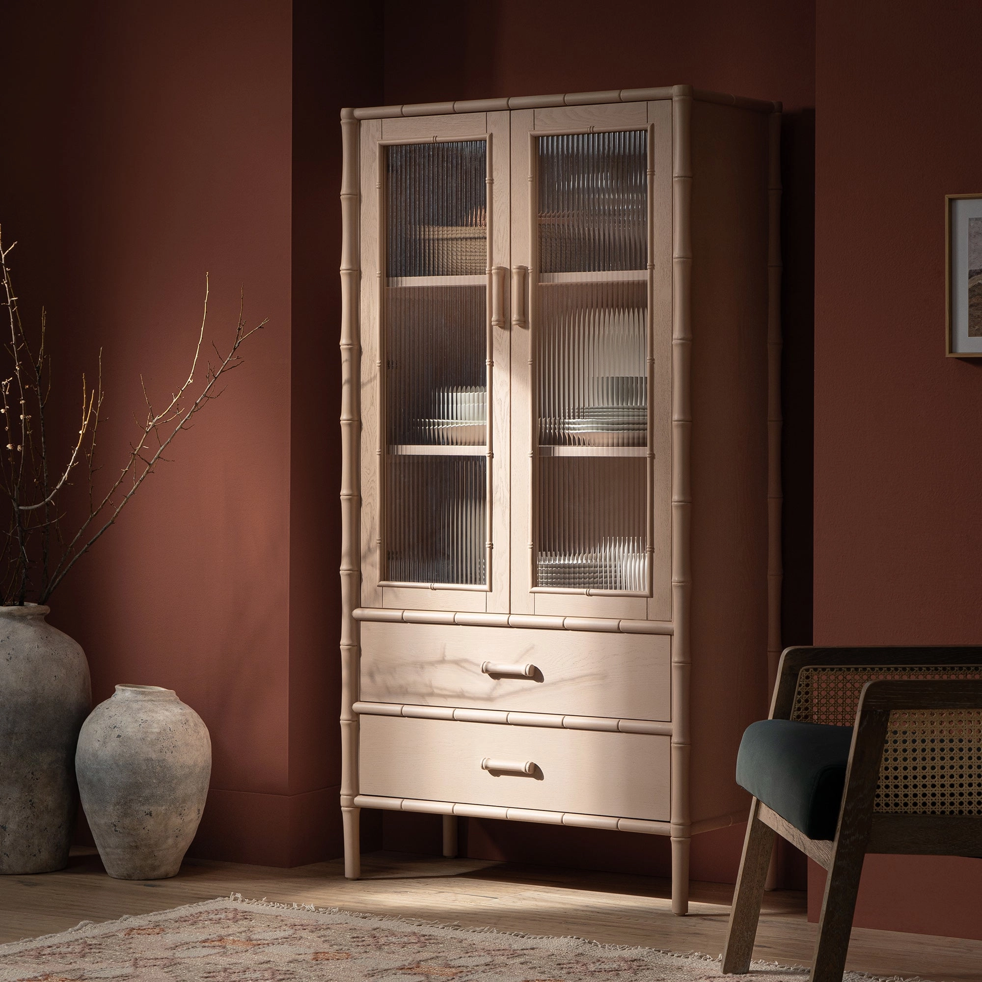 Elstowe Faux Bamboo and Fluted Glass 2-Door Cabinet, Nude Pink