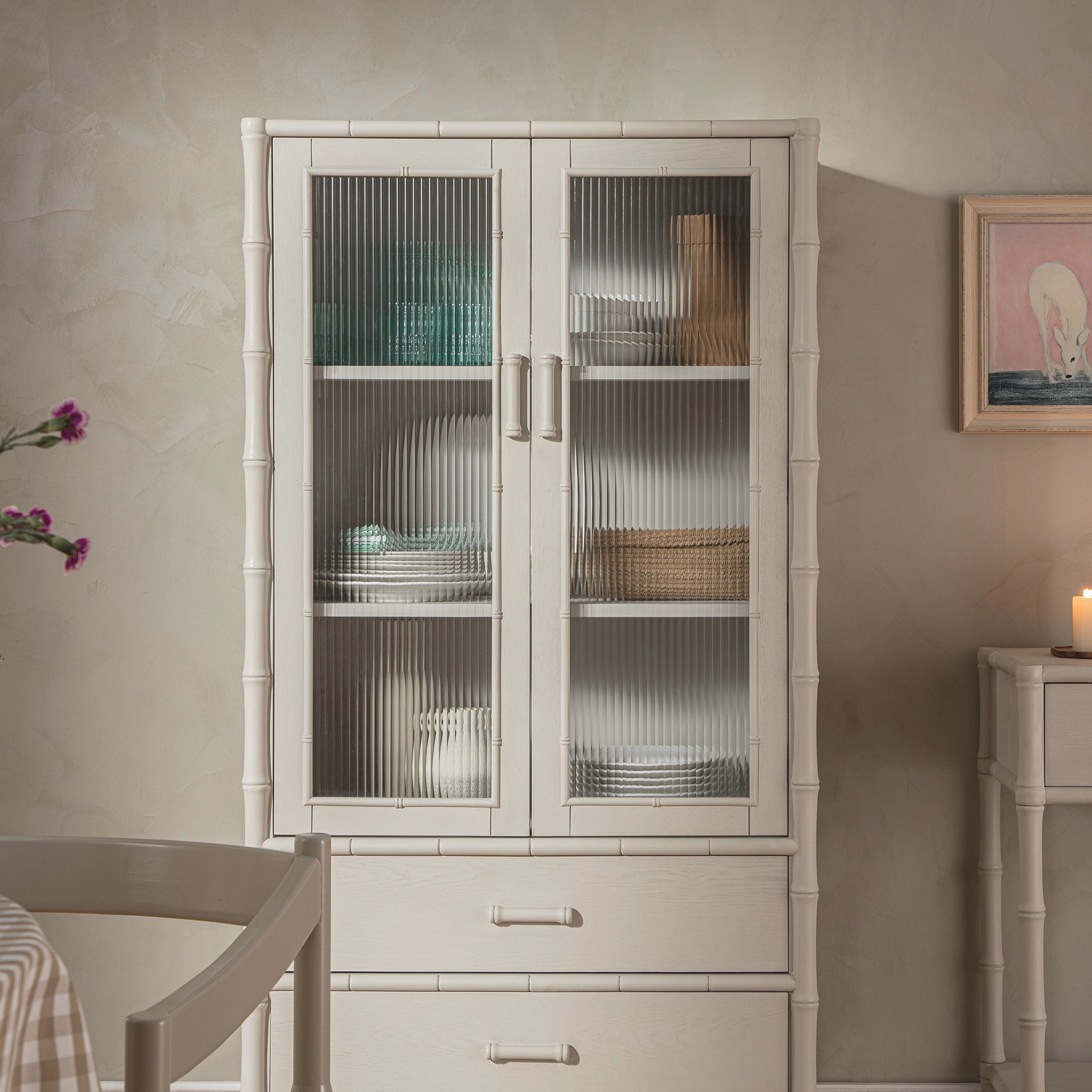 Elstowe Faux Bamboo and Fluted Glass 2-Door Cabinet, Shaded White