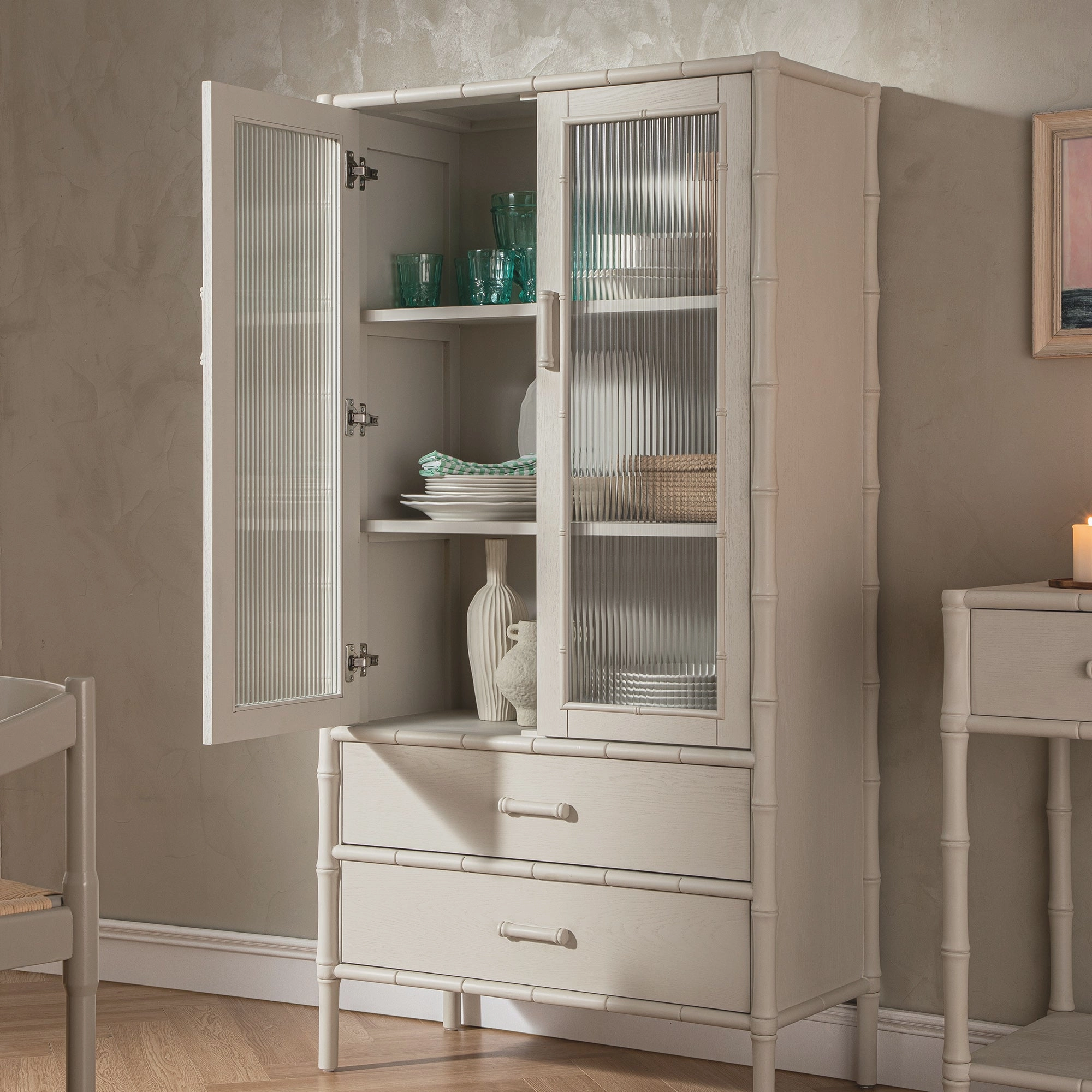 Elstowe Faux Bamboo and Fluted Glass 2-Door Cabinet, Shaded White